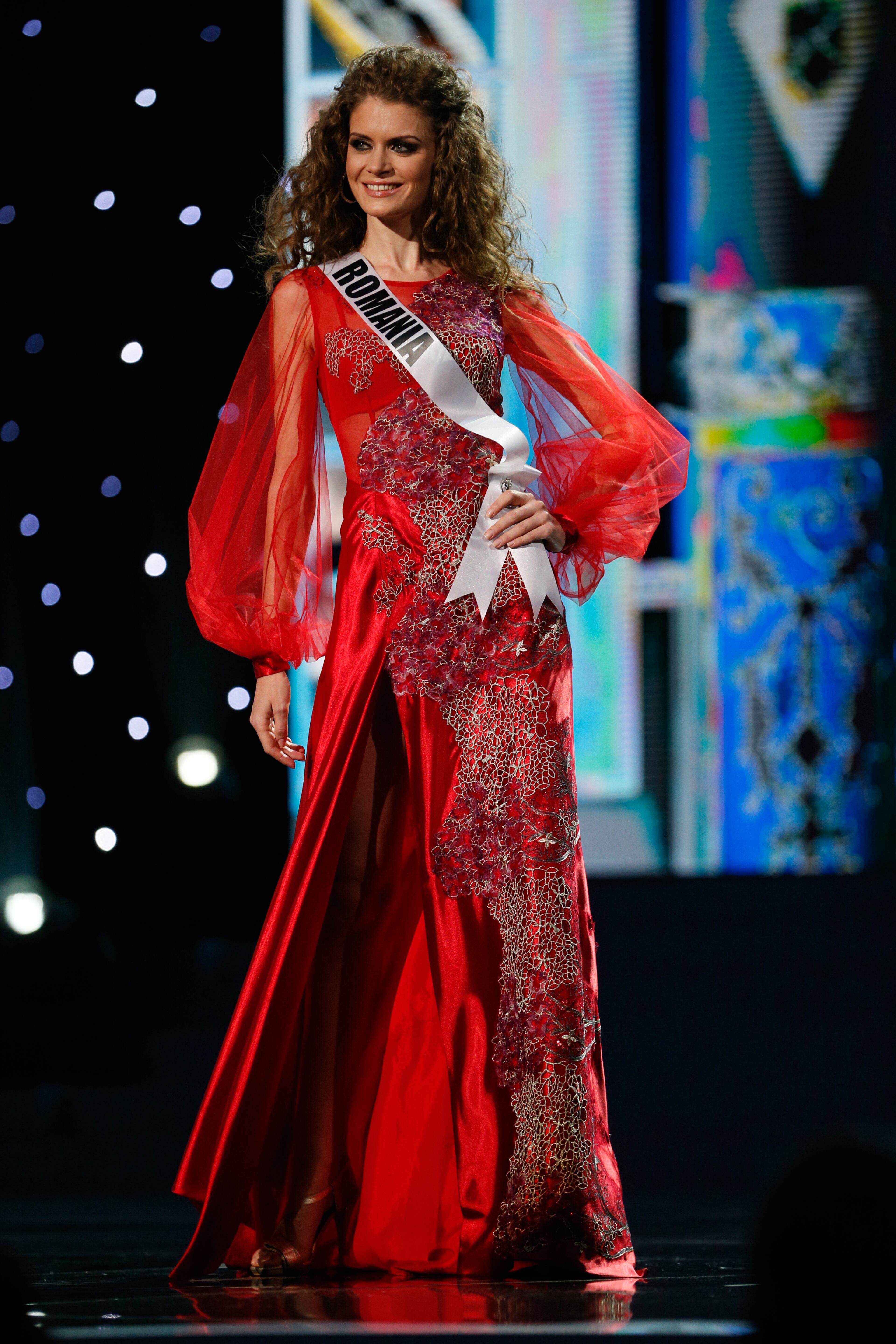 Miss Romania Roxana Andrei presents herself during the preliminary competition of the 2013 Miss Universe pageant in Moscow, Russia, on Tuesday, Nov. 5, 2013. Beauties will compete for the title of Miss Universe in Moscow on Nov. 9.