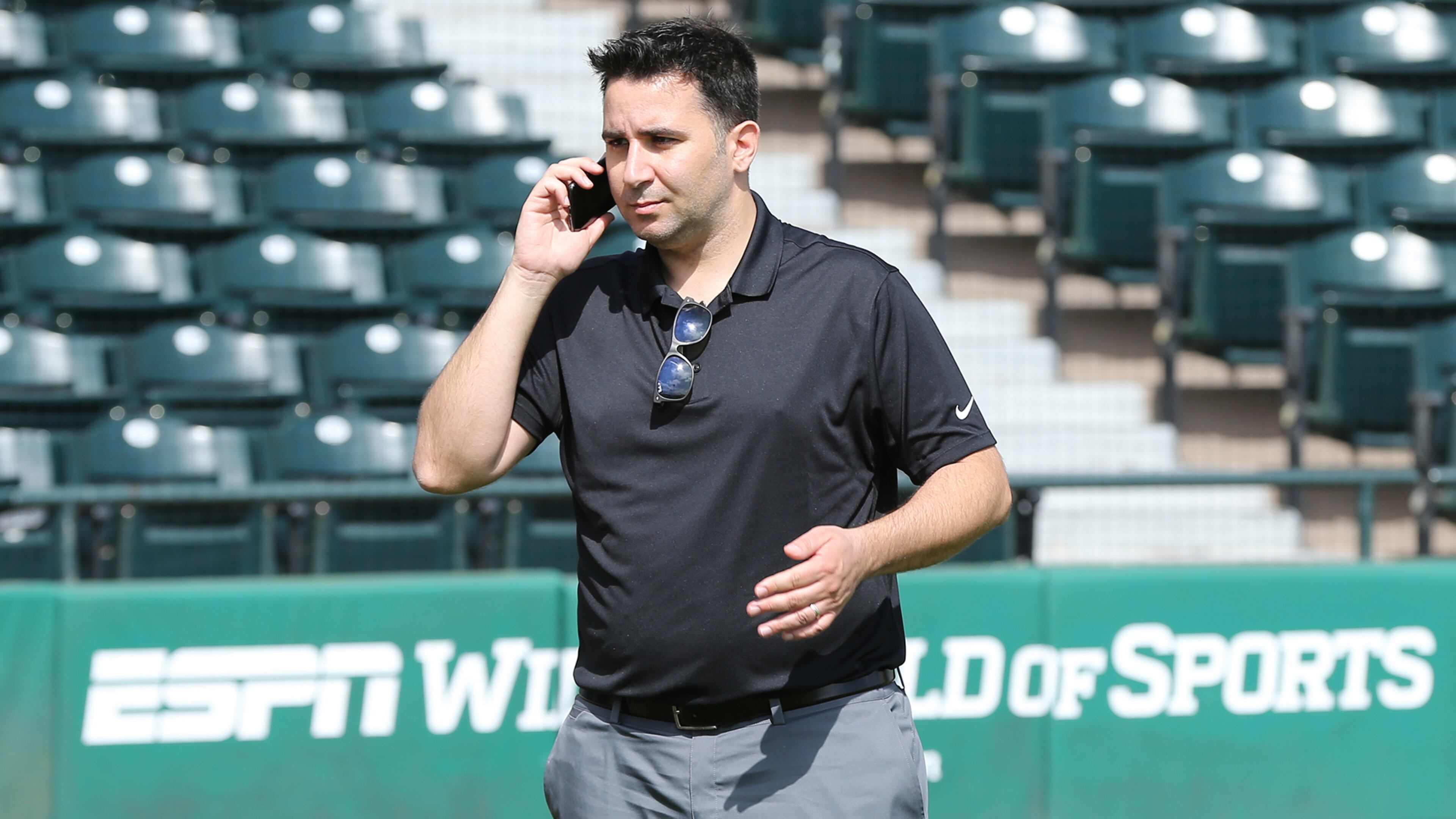 Feb 14, 2018 Kissimmee: Braves GM Alex Anthopoulos works the phone minutes before announcing the team signed veteran catcher Chris Stewart to a one-year major league contract, a non-guaranteed deal that provides the team with more depth at a key position in case of injury, as pitchers and catchers hold their first workout at Champion Stadium on Wednesday, Feb 14, 2018, in Kissimmee. Curtis Compton/ccompton@ajc.com