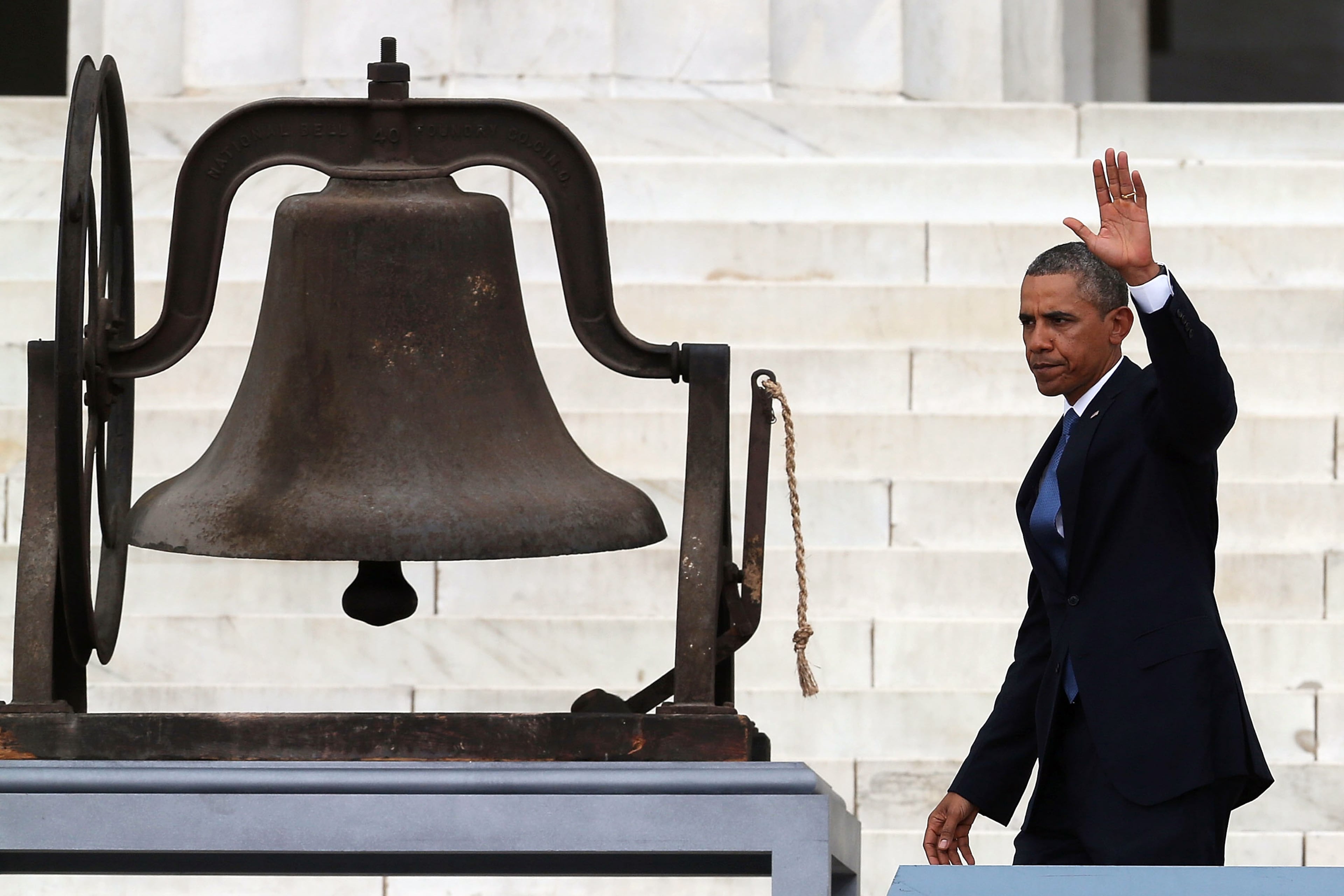 WASHINGTON, DC - AUGUST 28: U.S. President Barack Obama waves after speaking during a ceremony to commemorate the 50th anniversary of the March on Washington for Jobs and Freedom August 28, 2013 in Washington, DC. It was 50 years ago today that Martin Luther King, Jr. delivered his "I Have A Dream Speech" on the steps of the Lincoln Memorial. (Photo by Mark Wilson/Getty Images)