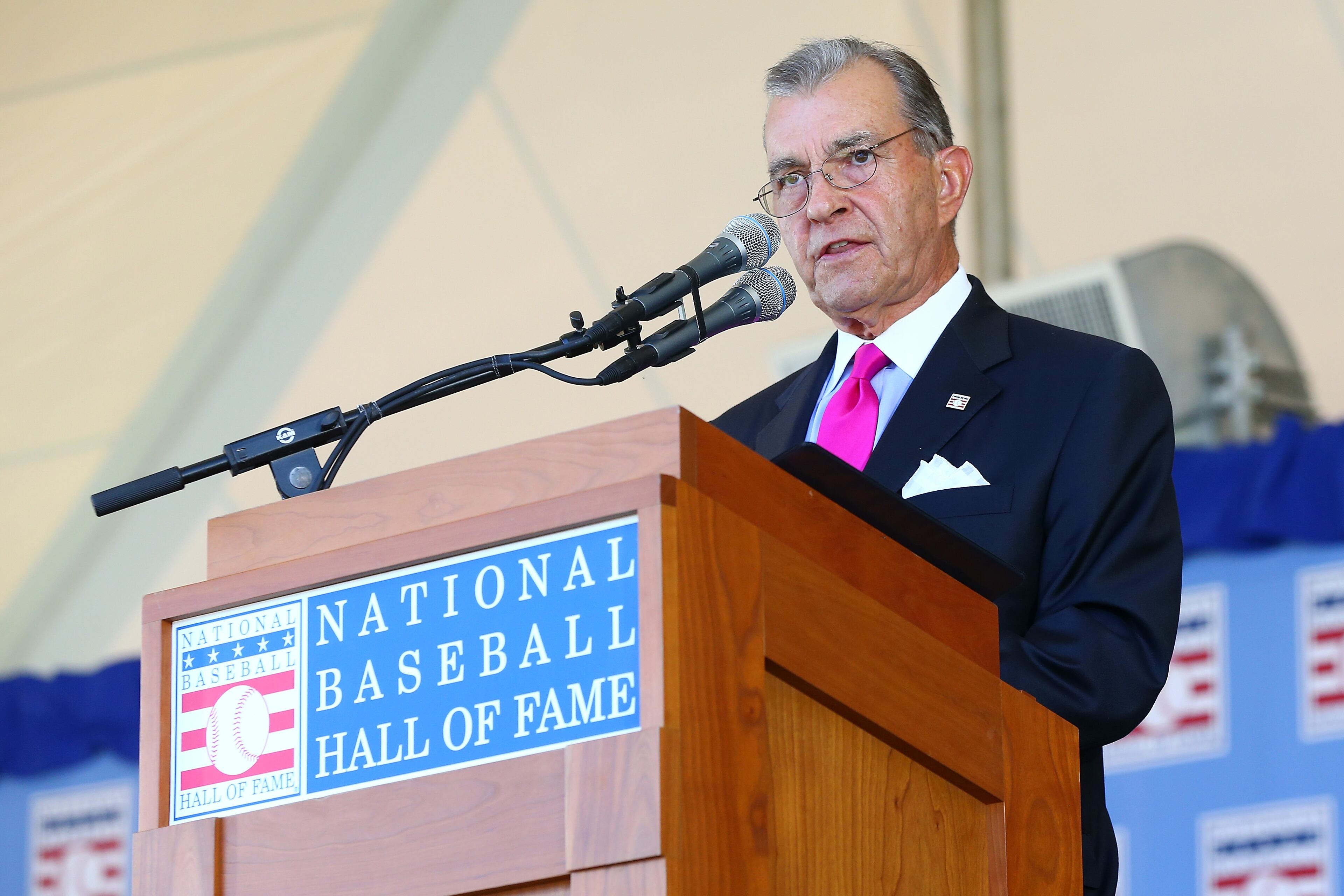 John Schuerholz gives his induction speech at Clark Sports Center during the Baseball Hall of Fame induction ceremony on July 30, 2017 in Cooperstown, New York.