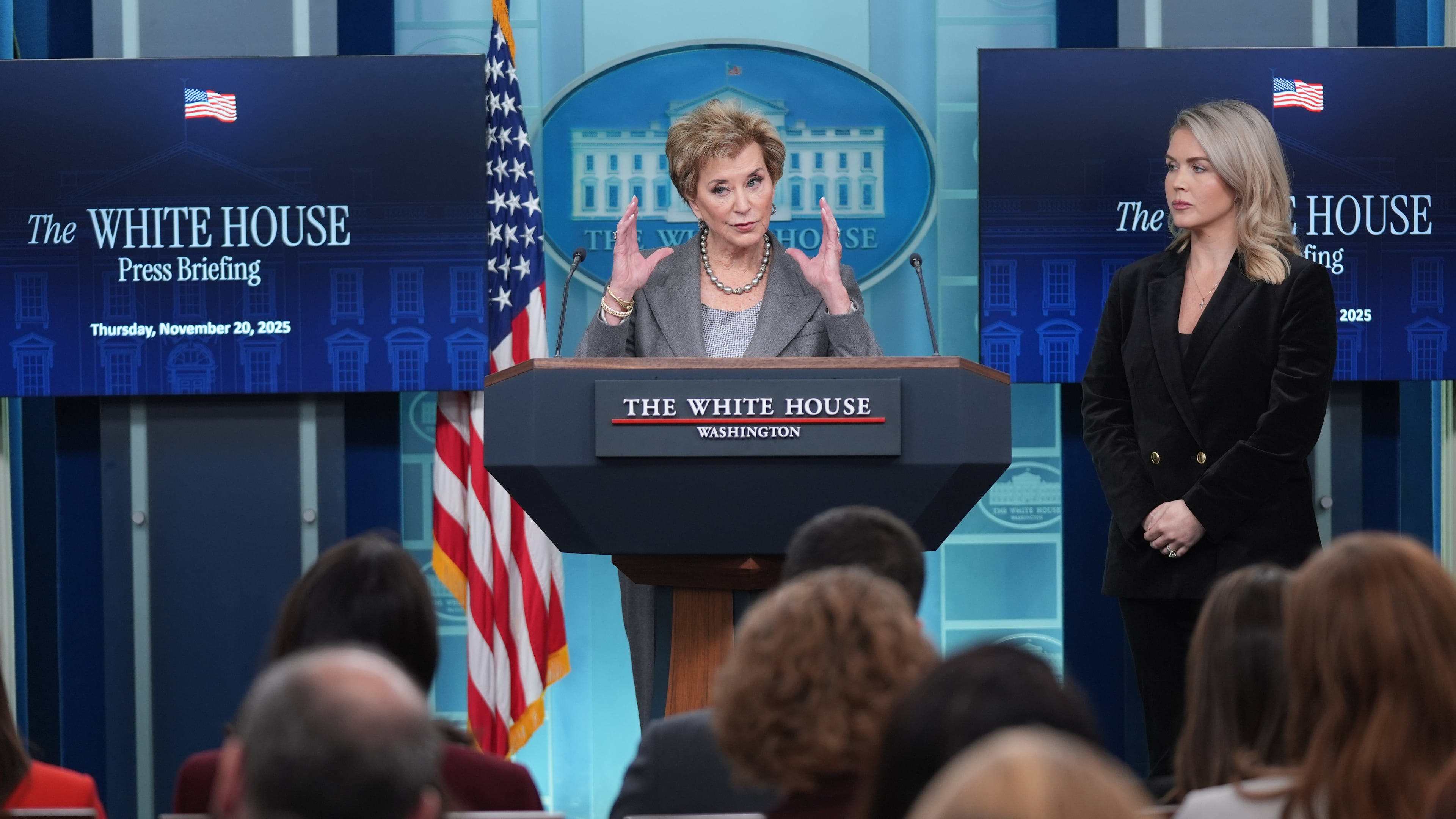 Education Secretary Linda McMahon speaks as White House press secretary Karoline Leavitt listens during a press briefing at the White House, Thursday, Nov. 20, 2025, in Washington, D.C. (Evan Vucci/AP)