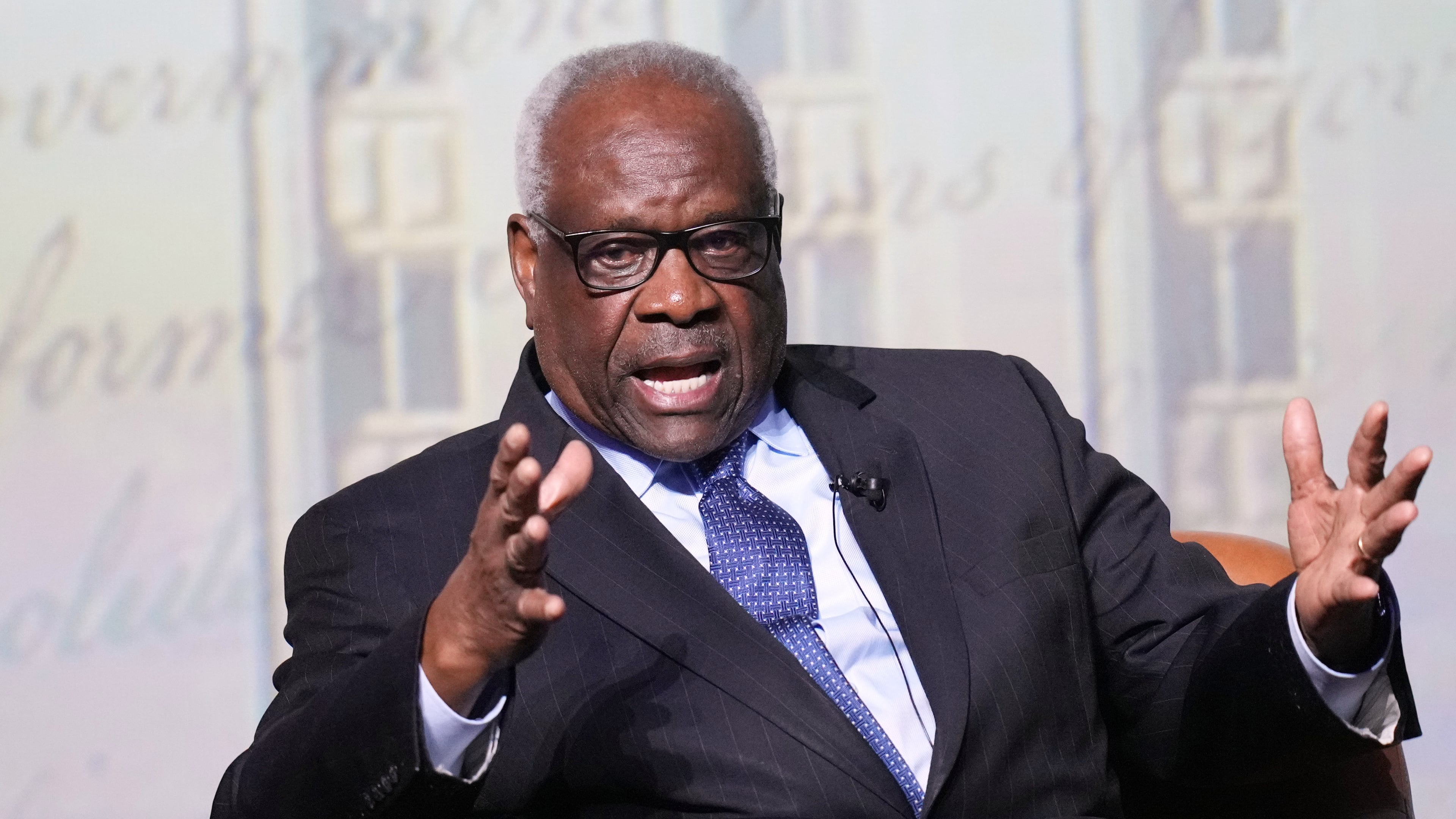 FILE - U.S. Supreme Court Associate Justice Clarence Thomas answers questions during a visit to the University of Texas at Austin, in Austin, Texas, April 15, 2026. (AP Photo/Eric Gay, File)