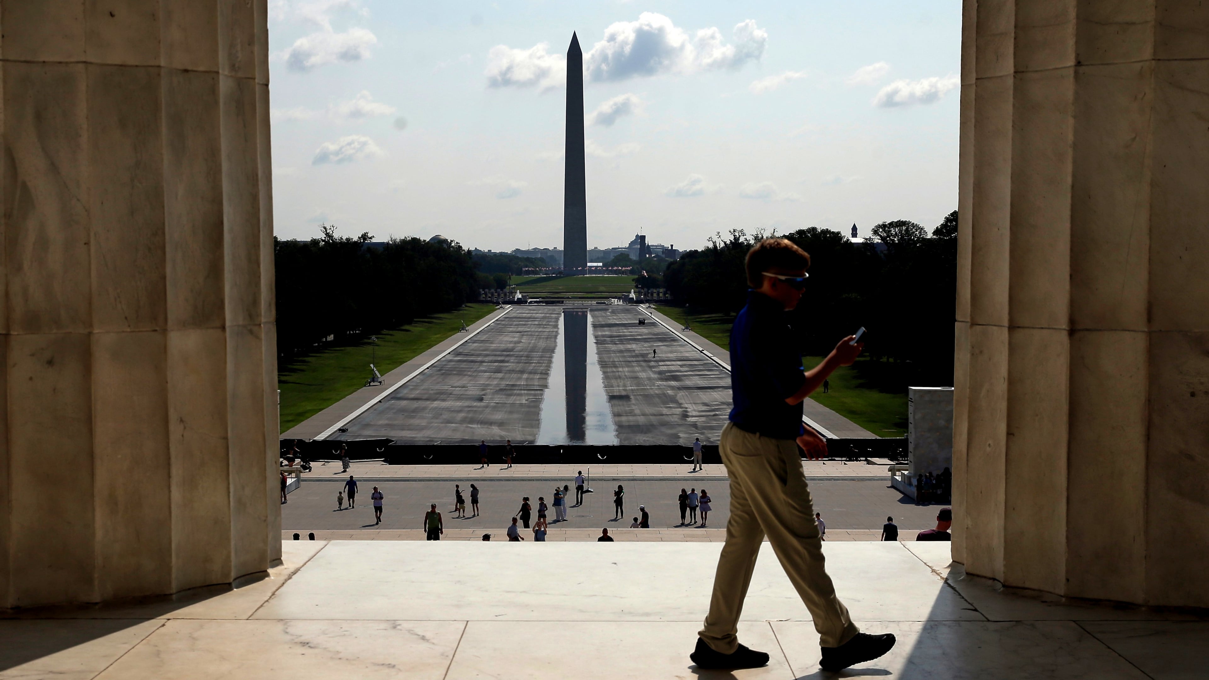 The Washington Monument is seen in the background of the now drained Lincoln Memorial Reflecting Pool, Wednesday, July 29, 2026, in Washington. (AP Photo/Rahmat Gul)