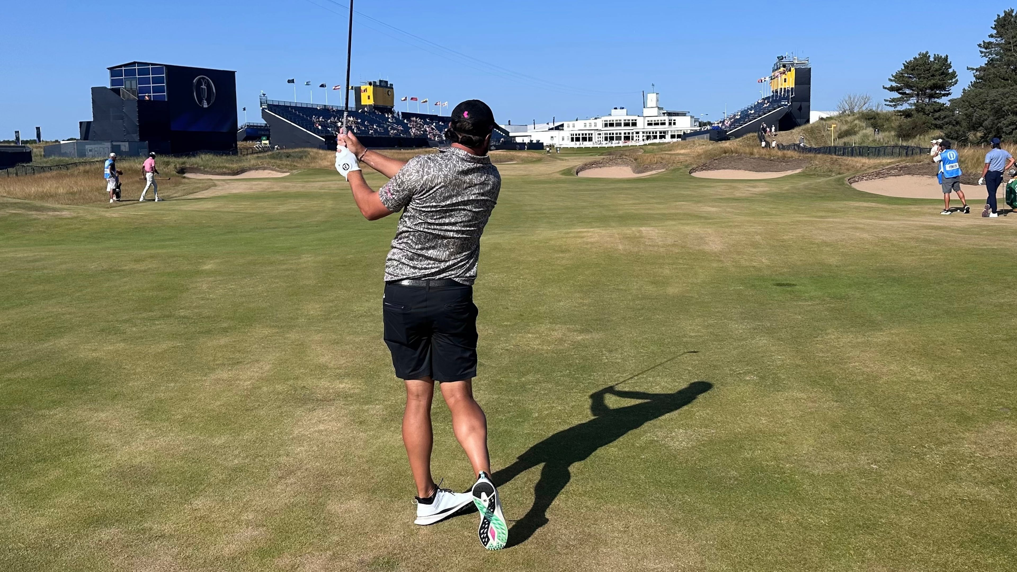 Peter Uihlein watches his 2-iron to the 18th green at Royal Birkdale on Sunday, July 12, 2026 in Southport, England, as he prepares for the British Open (AP Photo/Doug Ferguson)
