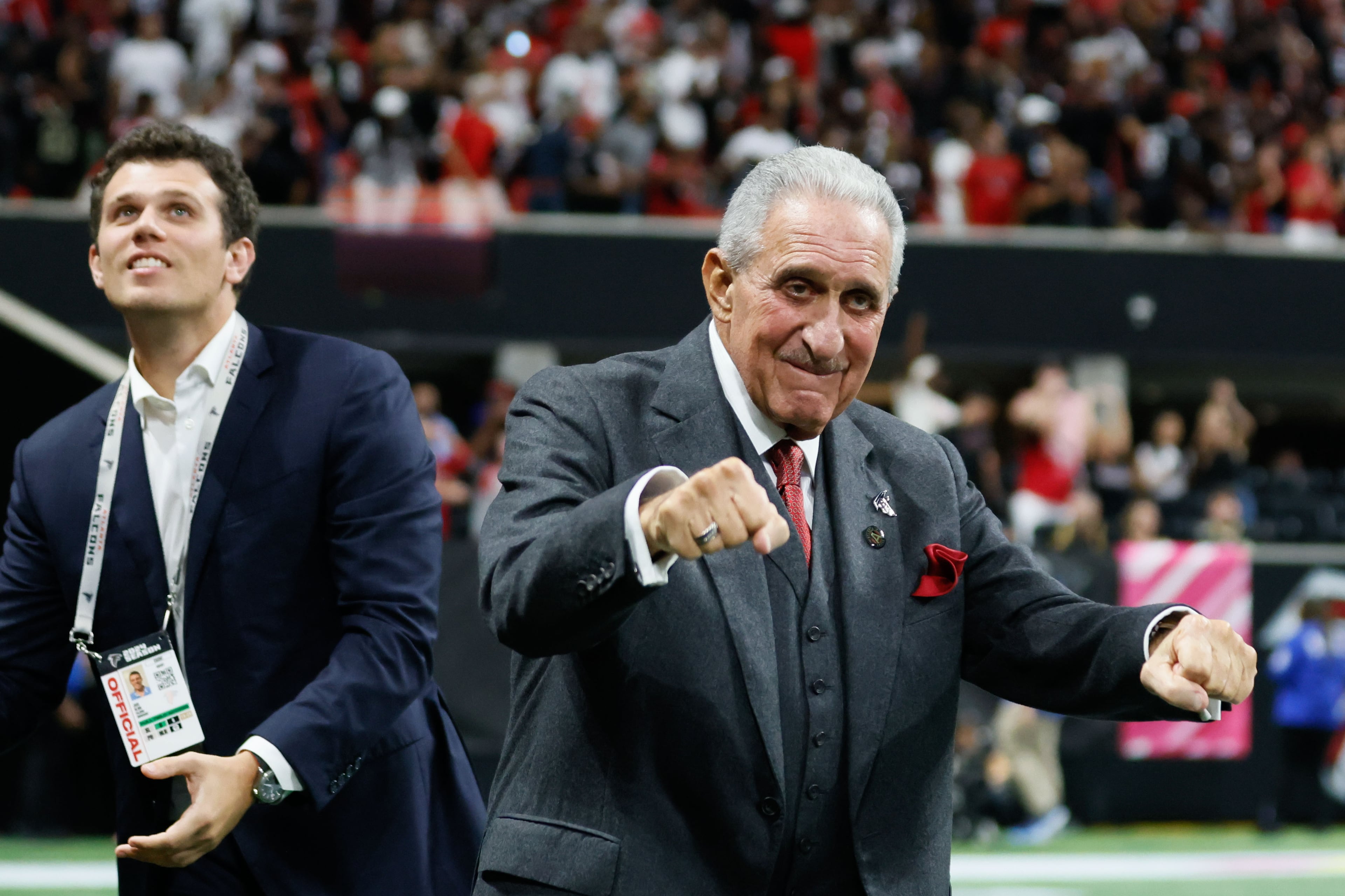 Falcons Owner Arthur Blanck reacts after the Falcons defeated the New Orleans Saints 26-24 on Sunday, Sept. 29, at Mercedes-Benz Stadium in Atlanta.
(Miguel Martinez/ AJC)