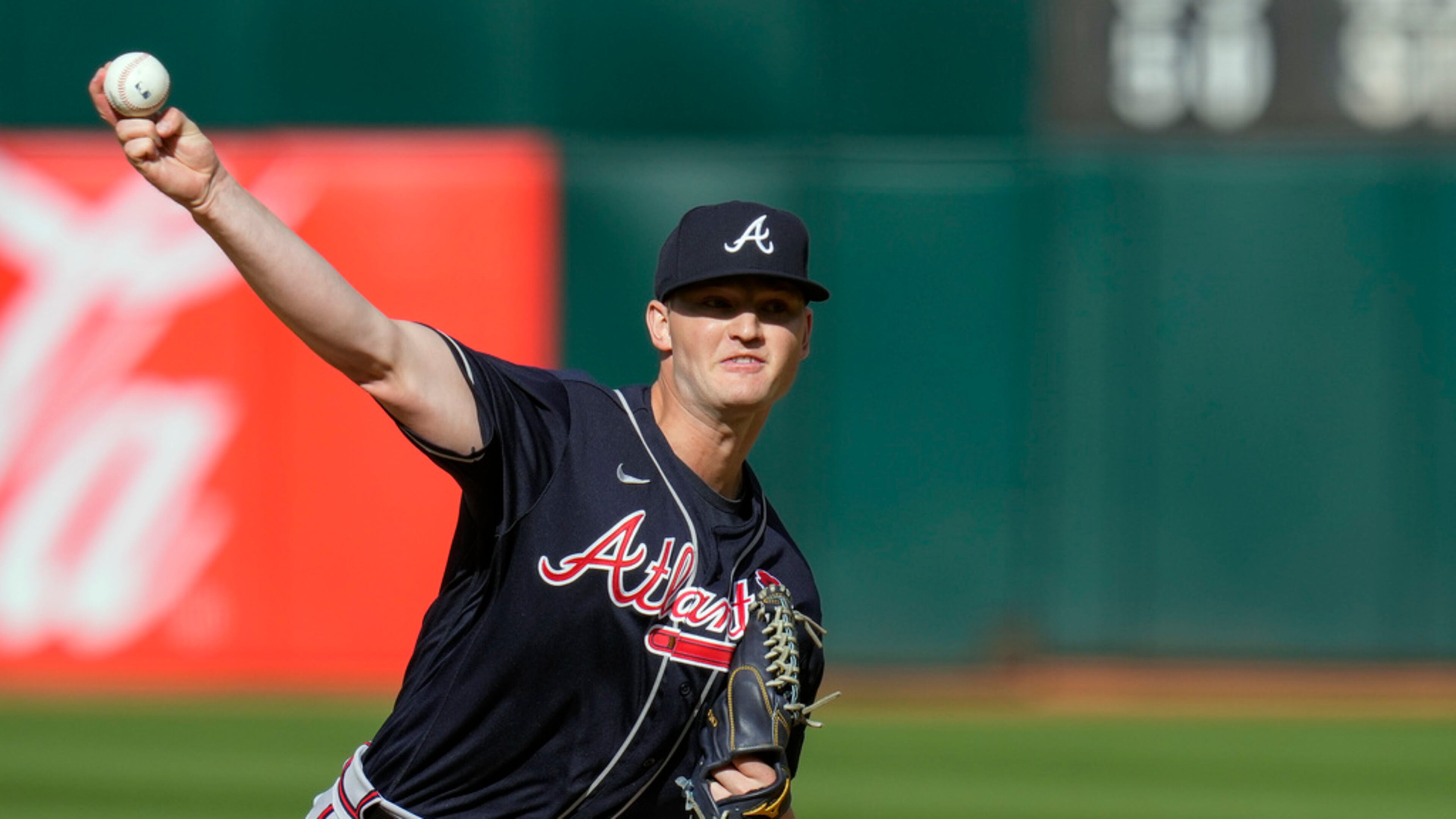 Braves pitcher Michael Soroka throws against the Oakland Athletics during the first inning of a baseball game in Oakland, Calif., Monday, May 29, 2023. (AP Photo/Godofredo A. Vásquez)