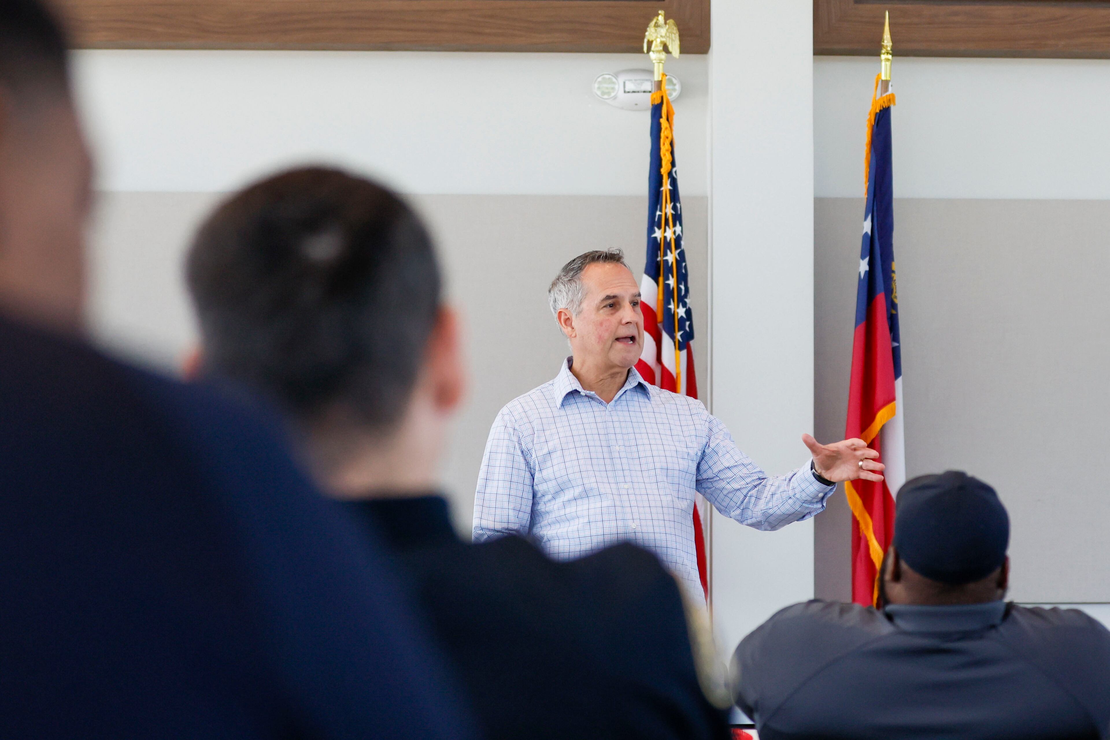 Bart Barta with Autism Safety 101 conducts training for officers with Chamblee Police Department and other law enforcement partners at Chamblee Police Department on Tuesday, April 1, 2025. The training aims to help officers evaluate, identify and encounter people with autism to minimize the use of force.
(Miguel Martinez/ AJC)