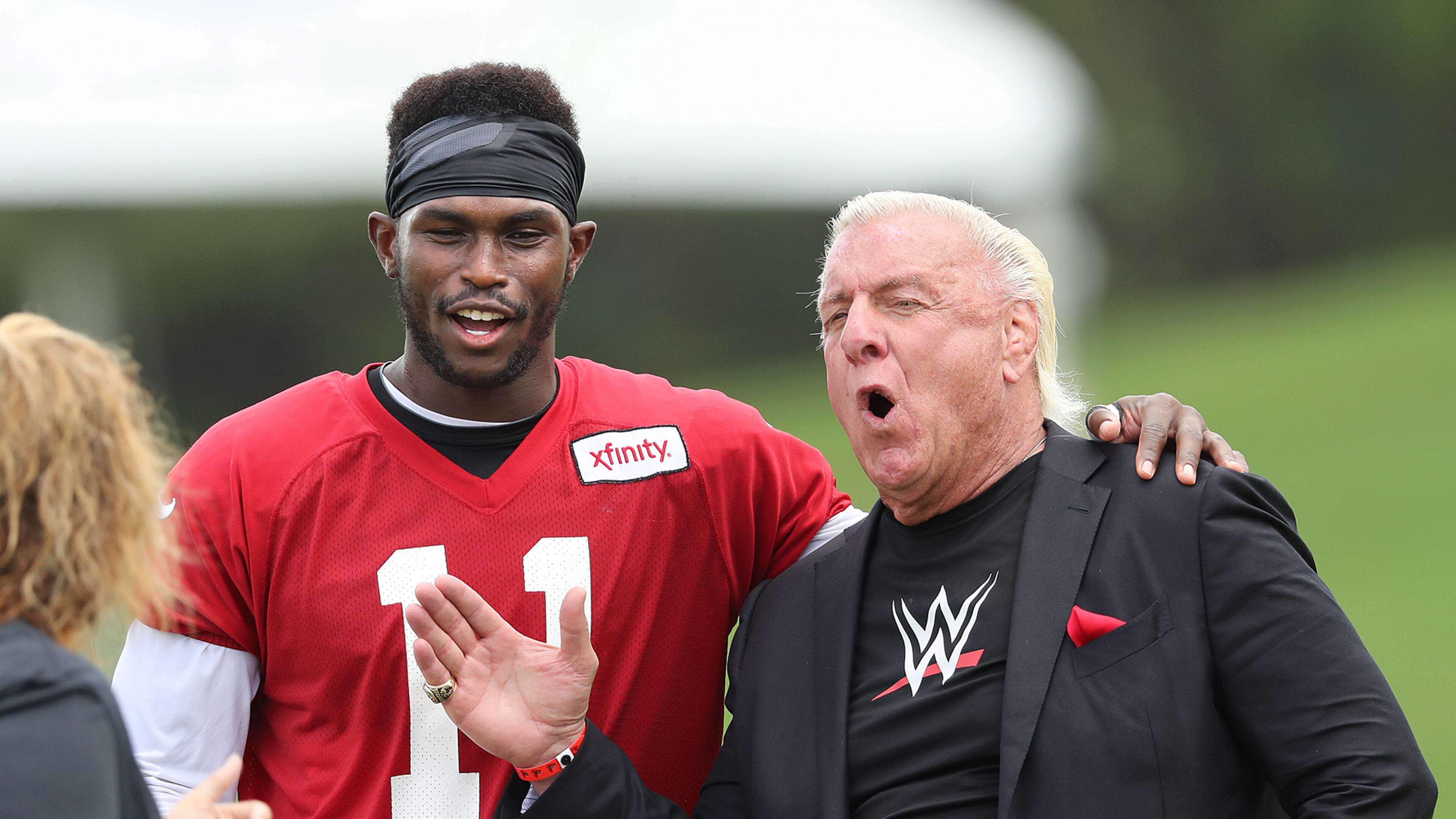 Ric Flair “The Nature Boy”, former professional wrestler, hangs out with Falcons wide receiver Julio Jones during team practice at training camp on Tuesday, August 9, 2016, in Flowery Branch. Curtis Compton /ccompton@ajc.com