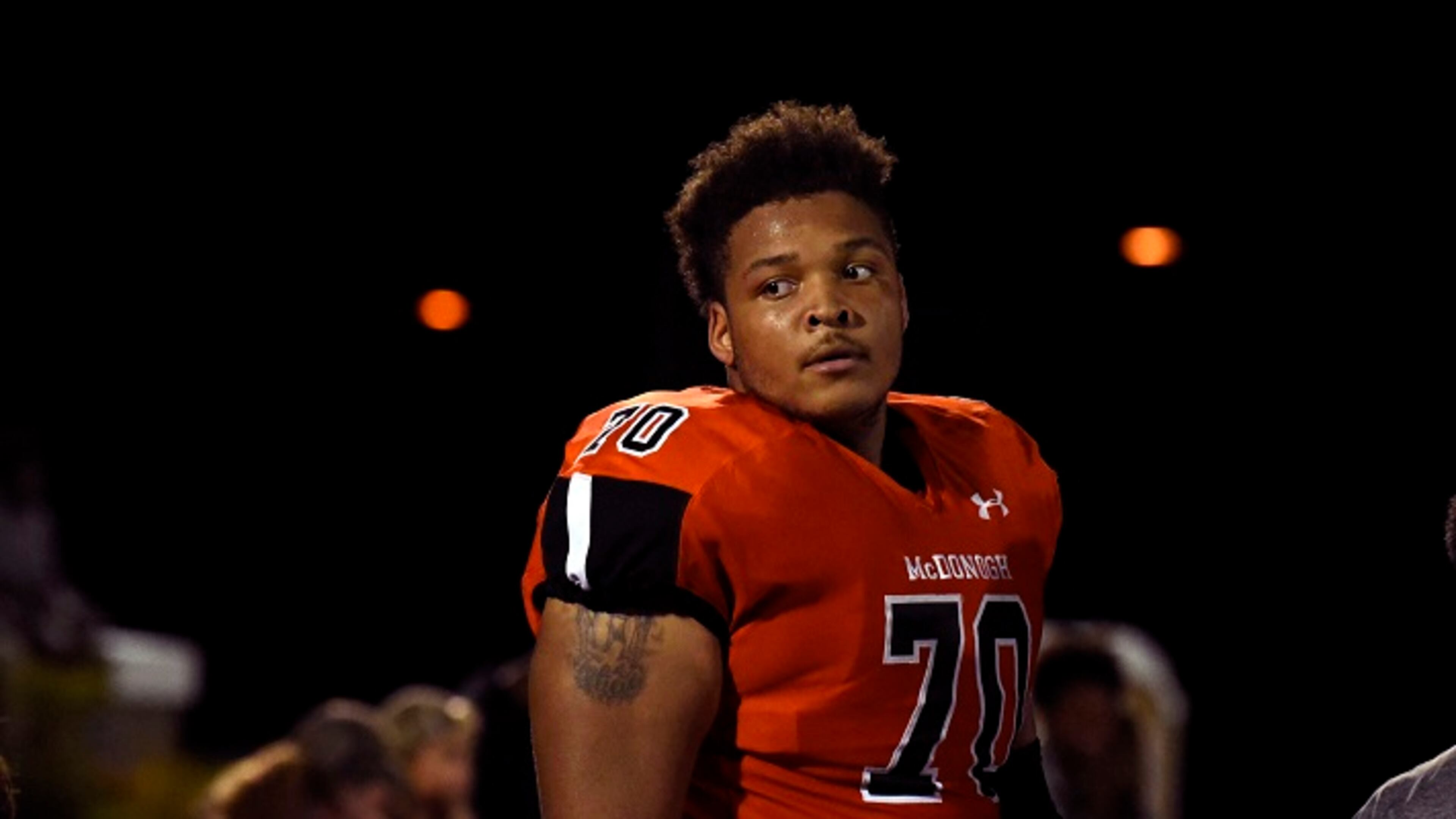 In a September 16, 2016, file image lineman Jordan McNair of McDonogh High School. Now with the University of Maryland, he died on Wednesday, June 13, 2018, two weeks after collapsing during a team workout. (Barbara Haddock Taylor/Baltimore Sun/TNS)