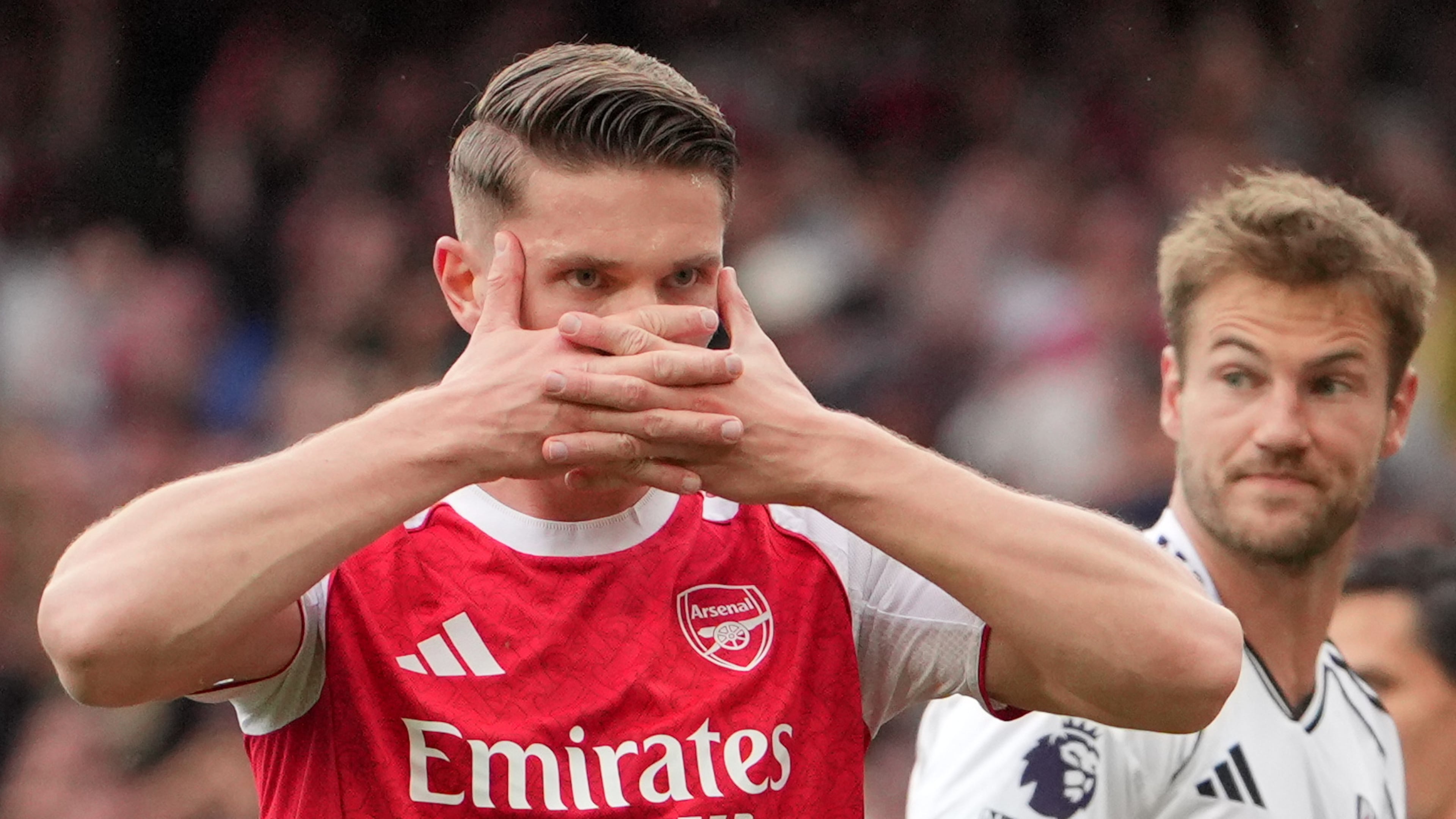 Arsenal's Viktor Gyoekeres celebrates after scoring his side's opening goal during the English Premier League soccer match between Arsenal and Fulham in London, England, Saturday, May 2, 2026. (AP Photo/Kin Cheung)