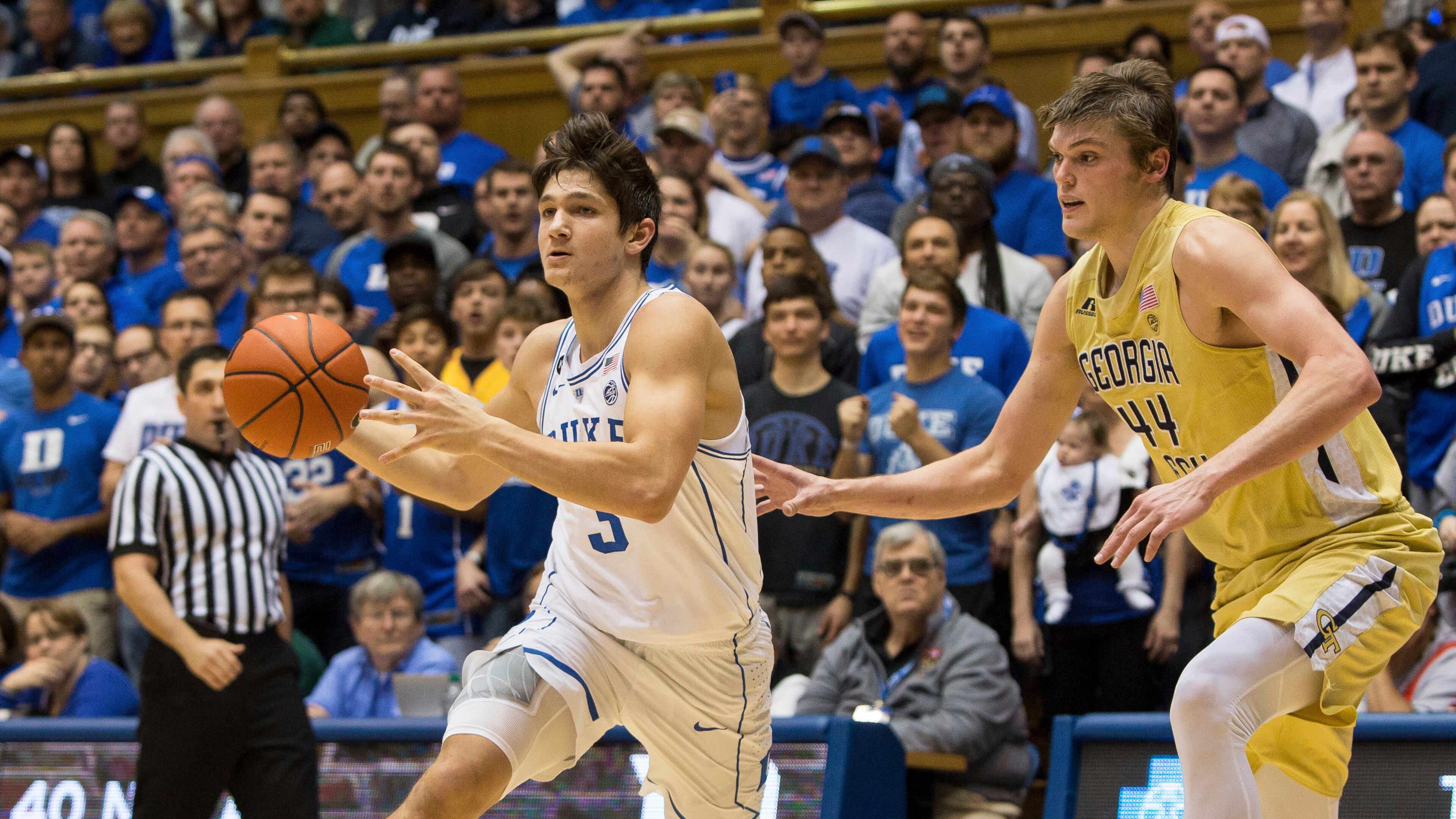 Duke’s Grayson Allen (3) drives against Georgia Tech’s Ben Lammers (44) during the first half of an NCAA college basketball game in Durham, N.C., Wednesday, Jan. 4, 2017. (AP Photo/Ben McKeown)