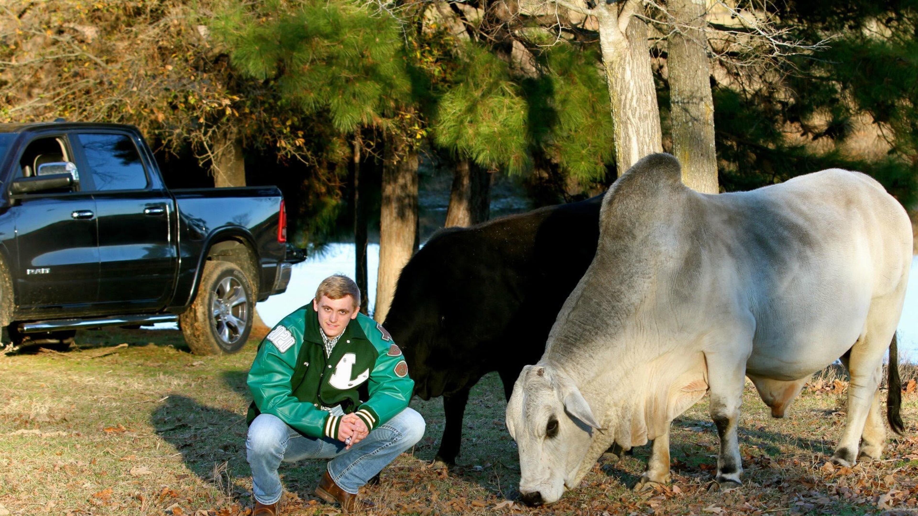 Georgia Tech quarterback Haynes King poses with his father's bull Gunsmoke on the family's 12-acre farm. King grew up tending to the family's cattle. As John King told it, the black cow in the background was not supposed to be in the photo but wouldn't get out of the frame. (Courtesy of John King)