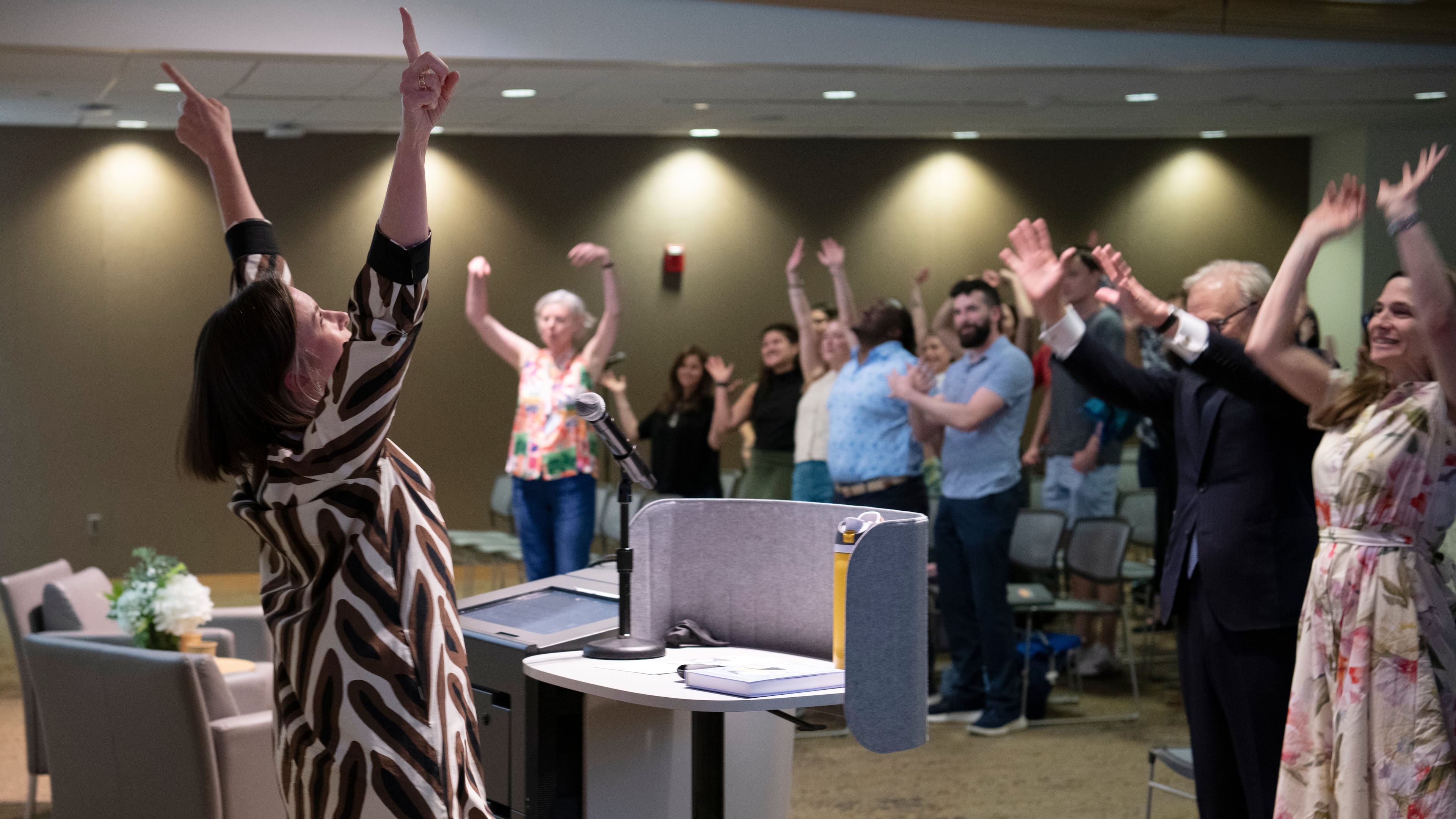 Katharine Wilkinson gives a talk about living with climate uncertainty at American University in Washington on April 14, 2026. (AP Photo/Michael Phillis)