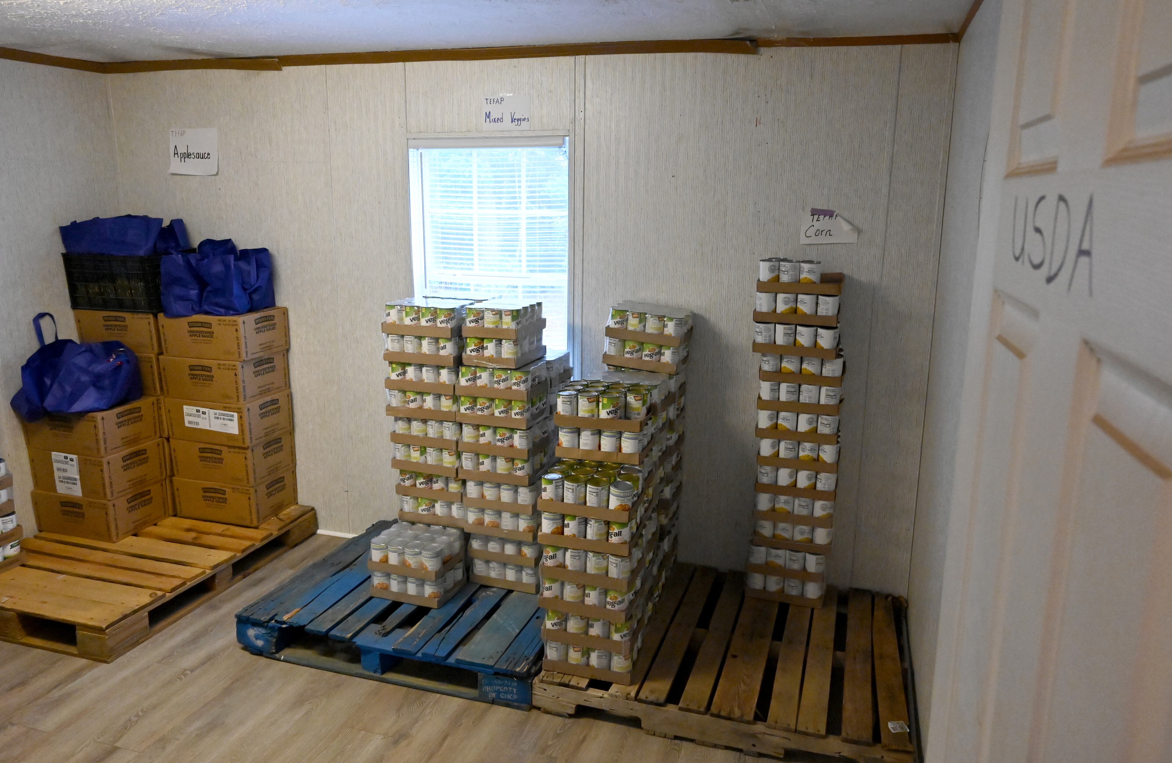 Photo shows food inventories at Hancock Helping Hands, Tuesday, October 7, 2025, in Sparta. Hancock County has one of the highest rates of childhood food insecurity in the country. (Hyosub Shin/AJC)