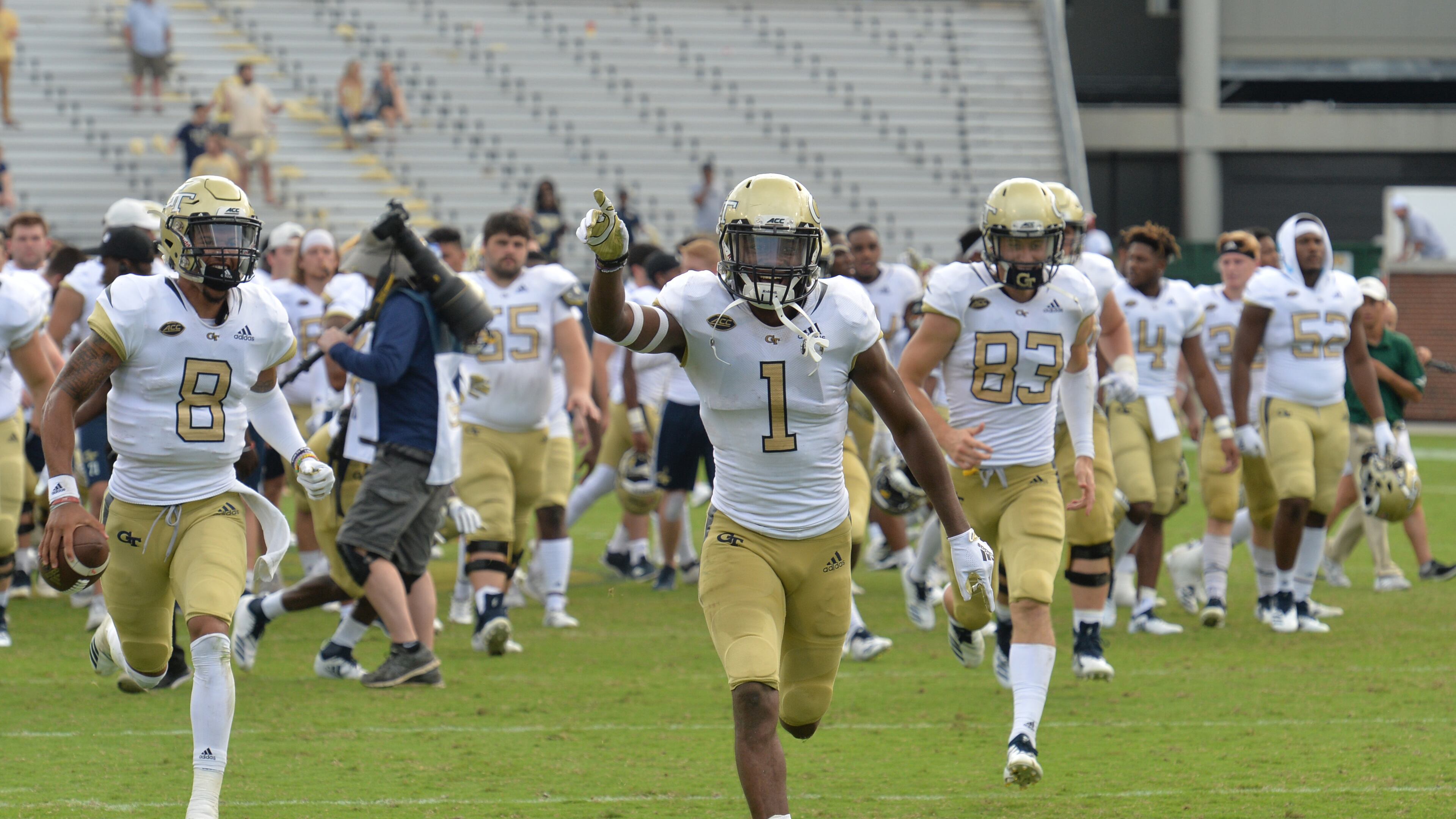 September 29, 2018 Atlanta - Georgia Tech football players celebrate after Georgia Tech won 63-17 over the Bowling Green at Bobby Dodd Stadium on Saturday, September 29, 2018. HYOSUB SHIN / HSHIN@AJC.COM