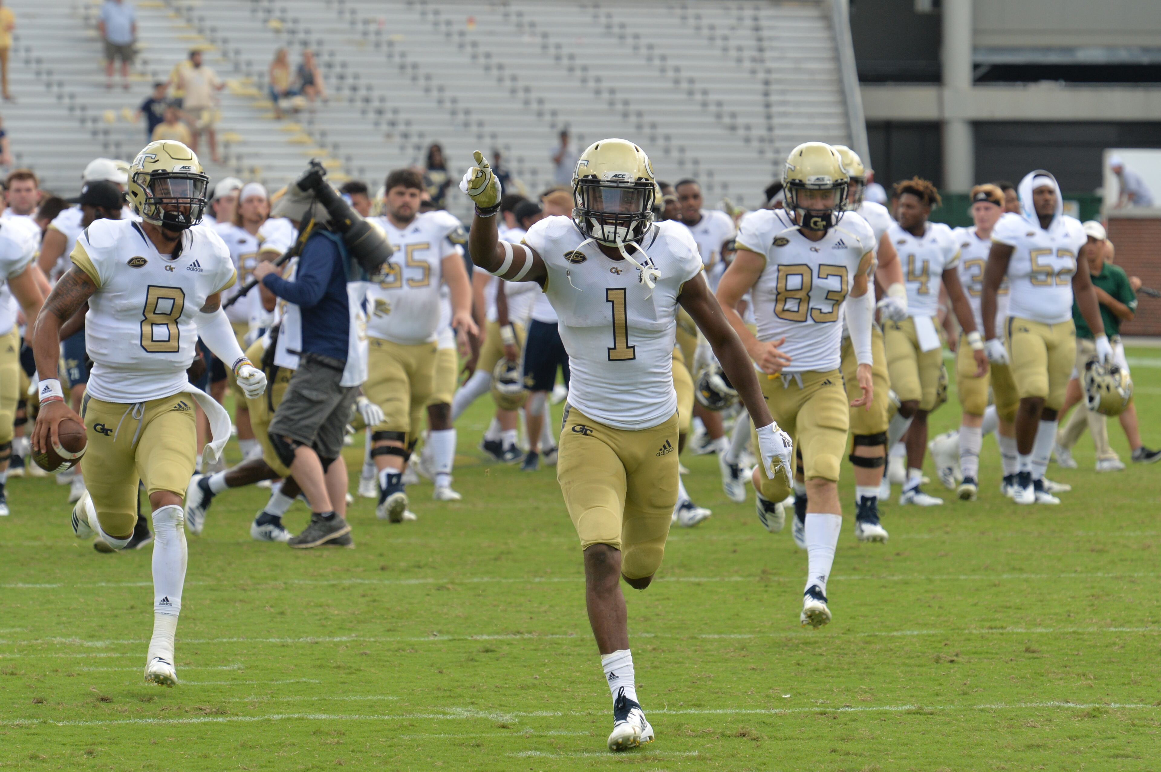September 29, 2018 Atlanta - Georgia Tech football players celebrate after Georgia Tech won 63-17 over the Bowling Green at Bobby Dodd Stadium on Saturday, September 29, 2018. HYOSUB SHIN / HSHIN@AJC.COM