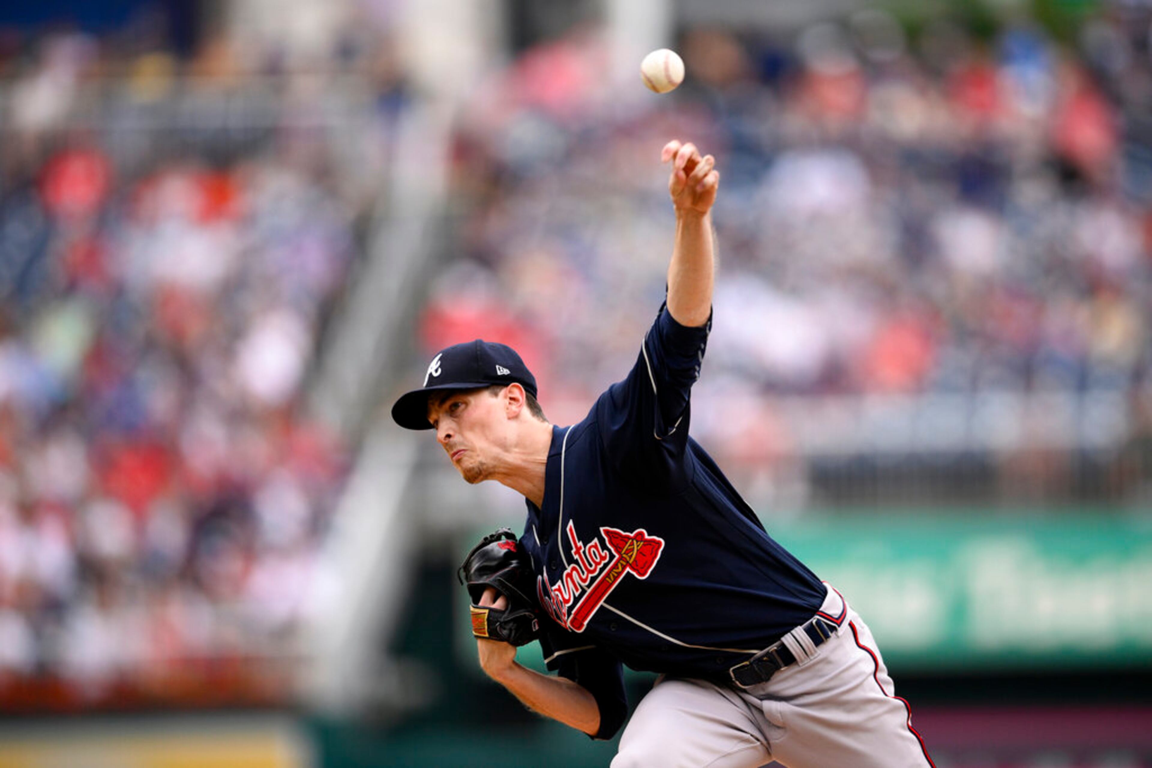 Atlanta Braves starting pitcher Max Fried throws during the first inning of a baseball game against the Washington Nationals, Saturday, July 16, 2022, in Washington. (AP Photo/Nick Wass)