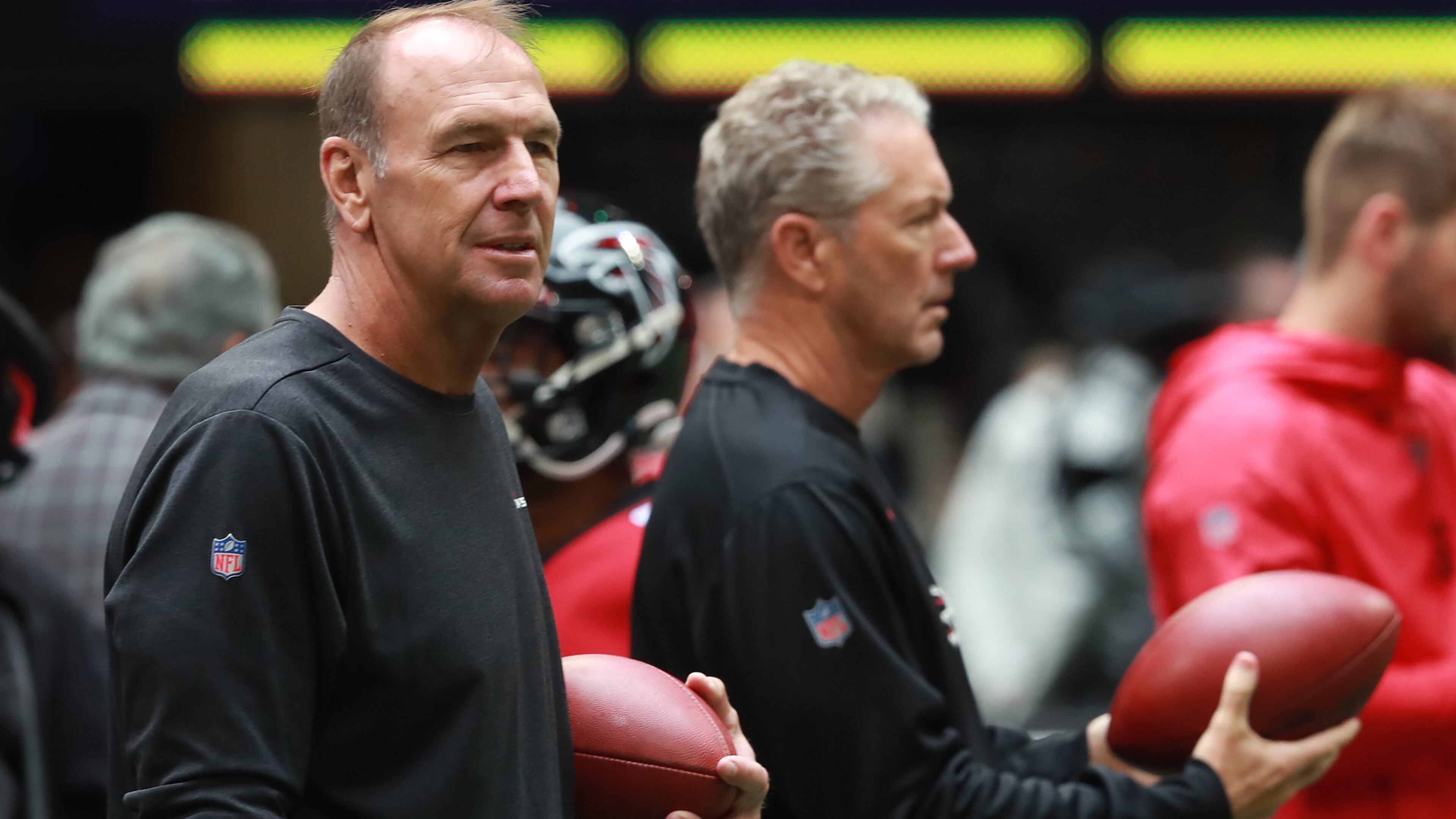 tlanta Falcons tight ends coach Mike Mularkey (left) and offensive coordinator Dirk Koetter (right) prepare the team to play the Los Angeles Rams in an NFL football game on Sunday, October 20, 2019, in Atlanta. Curtis Compton/ccompton@ajc.com