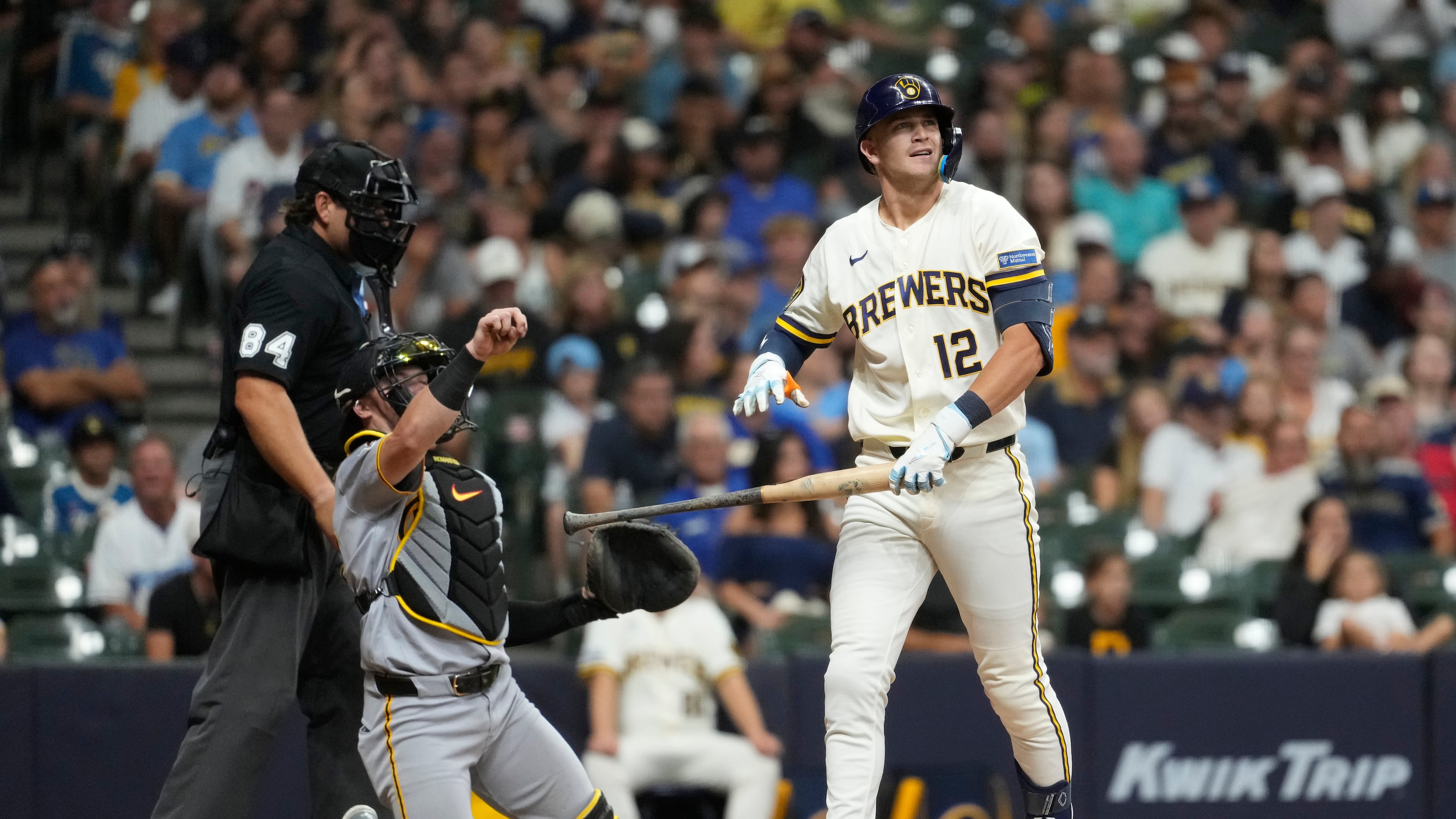 Milwaukee Brewers' Cooper Pratt (12) reacts after striking out during the ninth inning of a baseball game against the Pittsburgh Pirates, Monday, Aug. 3, 2026, in Milwaukee. (AP Photo/Aaron Gash)