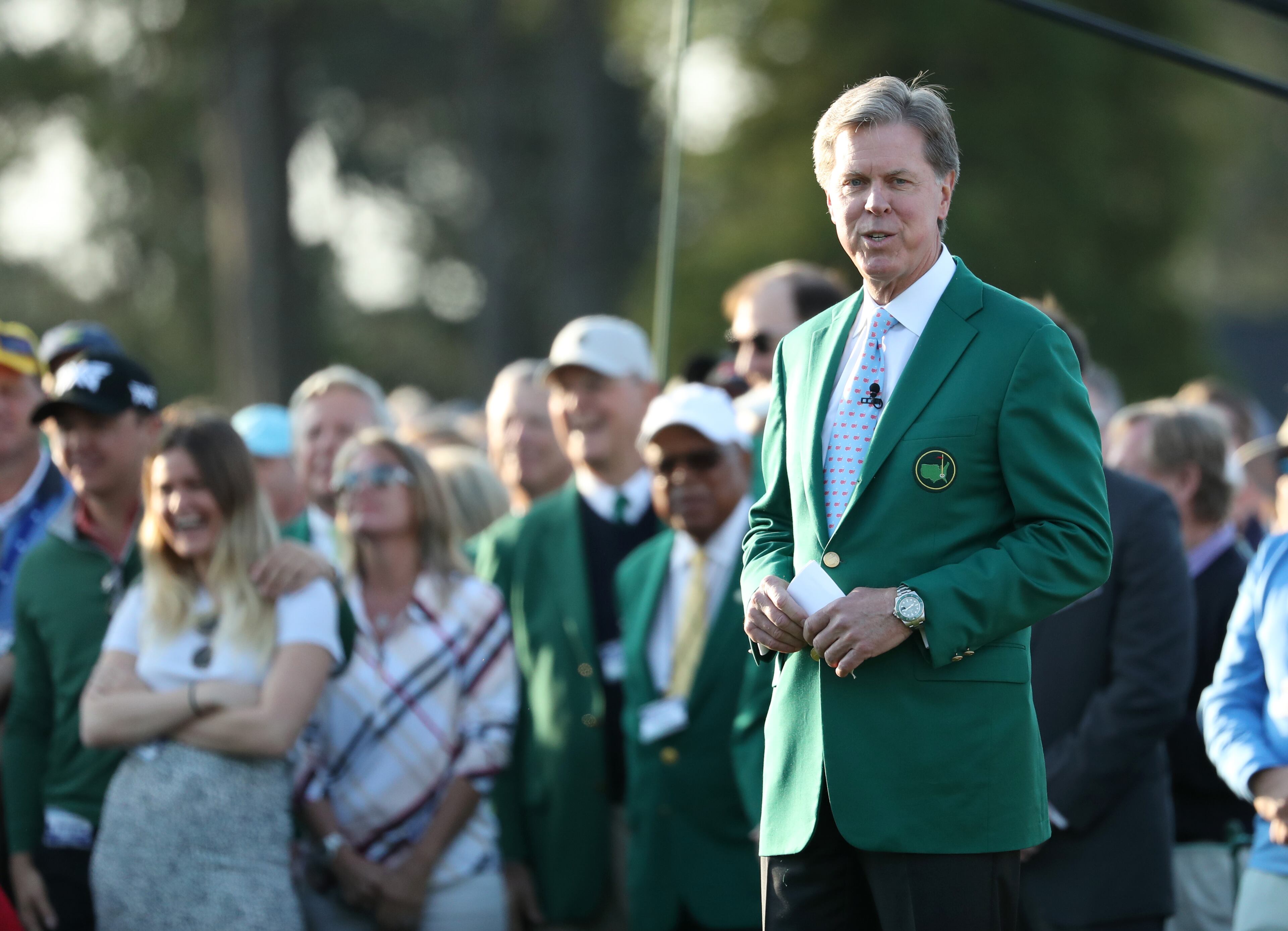 Masters Chairman Fred Ridley speaks to the patrons before the start of the 2019 Masters Thursday. (Jason Getz/Special to the AJC)