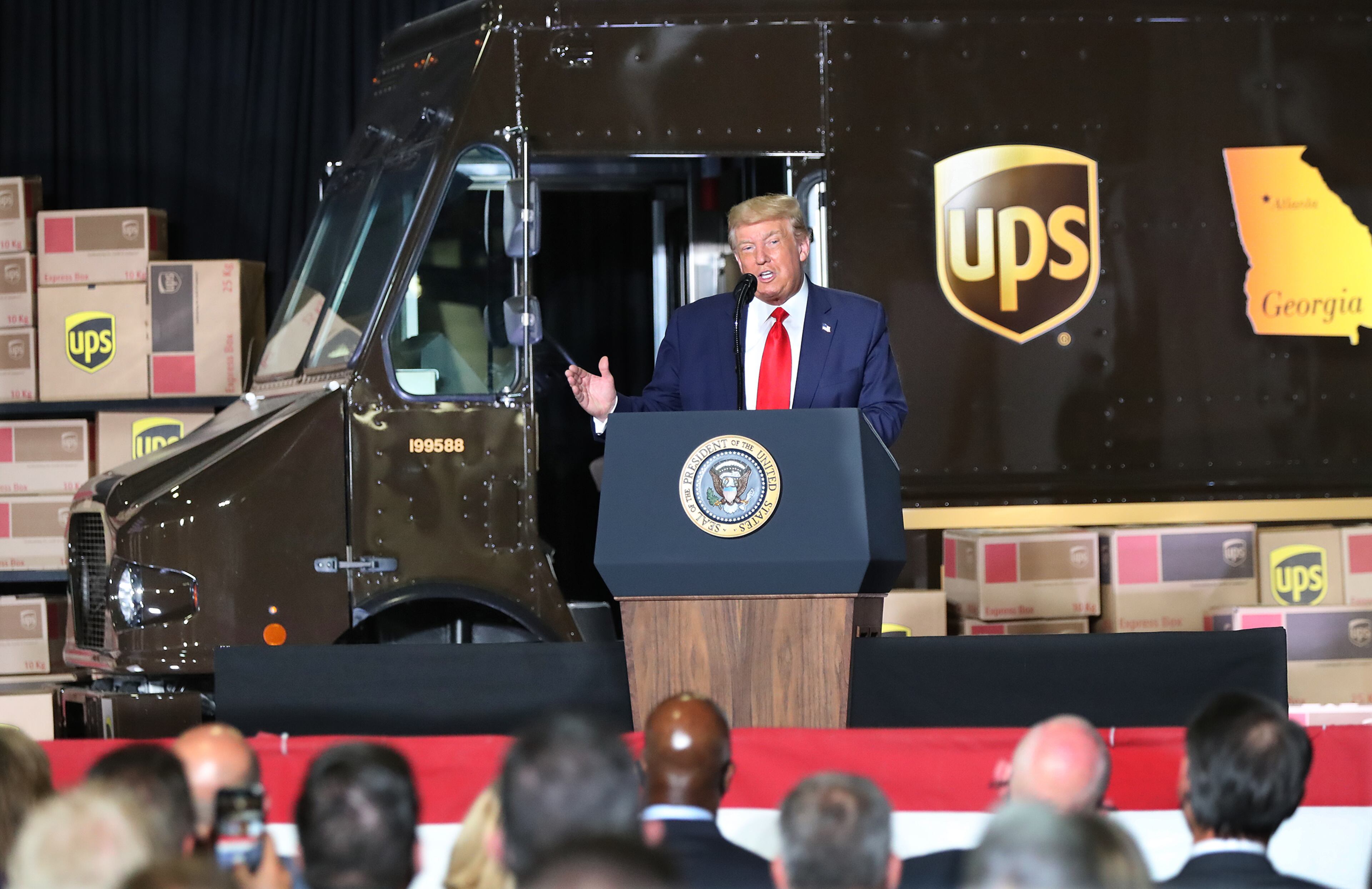 071520 Atlanta: President Donald Trump visits Georgia to talk about an infrastructure overhaul at the UPS Hapeville hub at Hartsfield-Jackson International Airport on Wednesday July 15, 2020 in Atlanta. The visit focuses on a rule change designed to make it easier to process environmental reviews. Curtis Compton ccompton@ajc.com