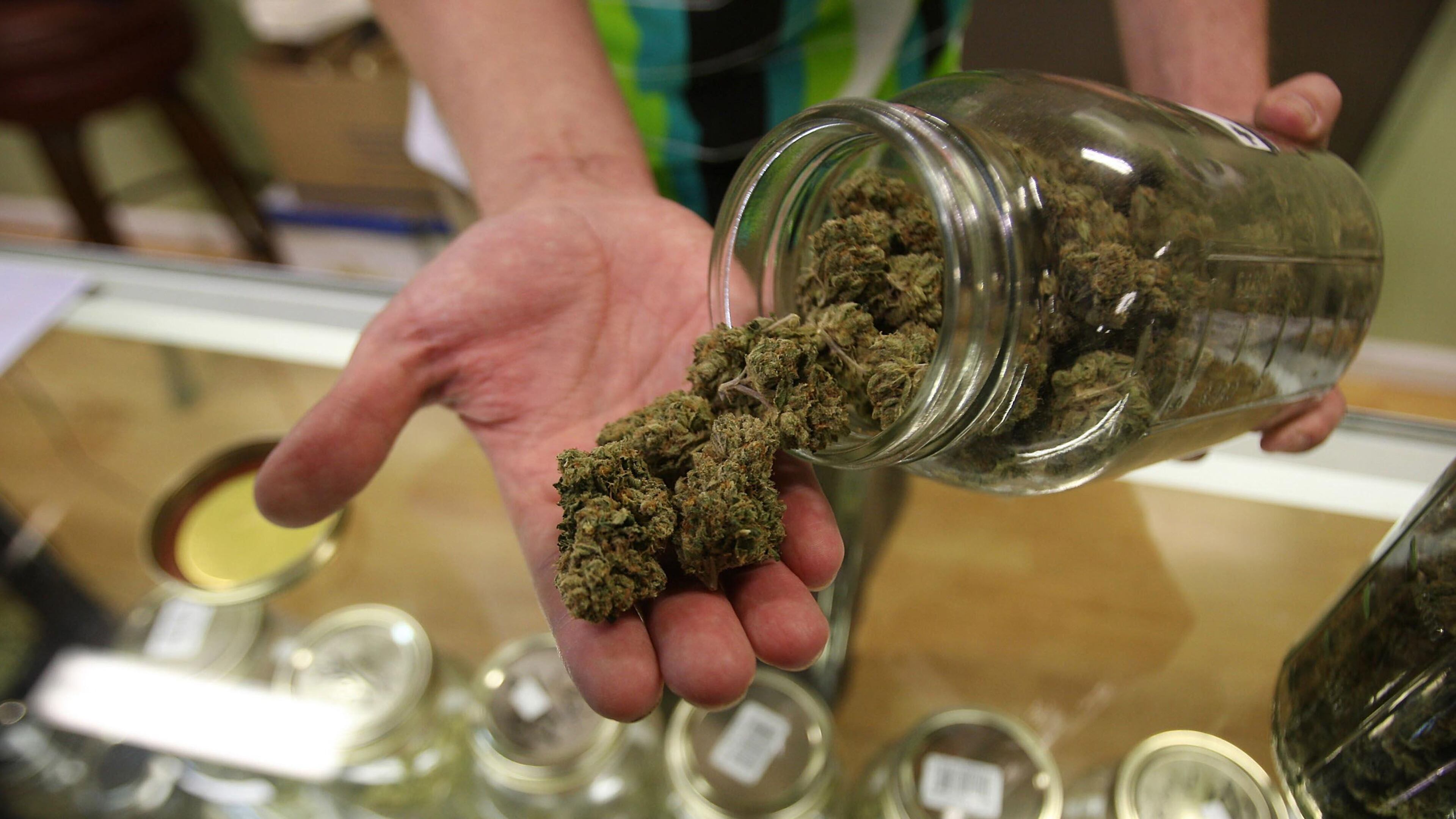 LOS ANGELES, CA - OCTOBER 19: Dave Warden, a bud tender at Private Organic Therapy (P.O.T.), a non-profit co-operative medical marijuana dispensary, displays various types of marijuana available to patients on October 19, 2009 in Los Angeles, California. Attorney General Eric Holder announced new guidelines today for federal prosecutors in states where the use of marijuana for medicinal purposes is allowed under state law. Federal prosecutors will no longer trump the state with raids on the southern California dispensaries as they had been doing, but Los Angeles County District Attorney Steve Cooley recently began a crackdown campaign that will include raids against the facilities. Cooley maintains that virtually all marijuana dispensaries are in violation of the law because they profit from their product. The city of LA has been slow to come to agreement on how to regulate its 800 to 1,000 dispensaries. Californians voted to allow sick people with referrals from doctors to consume cannabis with the passage of state ballot Proposition 215 in 1996 and a total of 14 states now allow the medicinal use of marijuana. (Photo by David McNew/Getty Images)