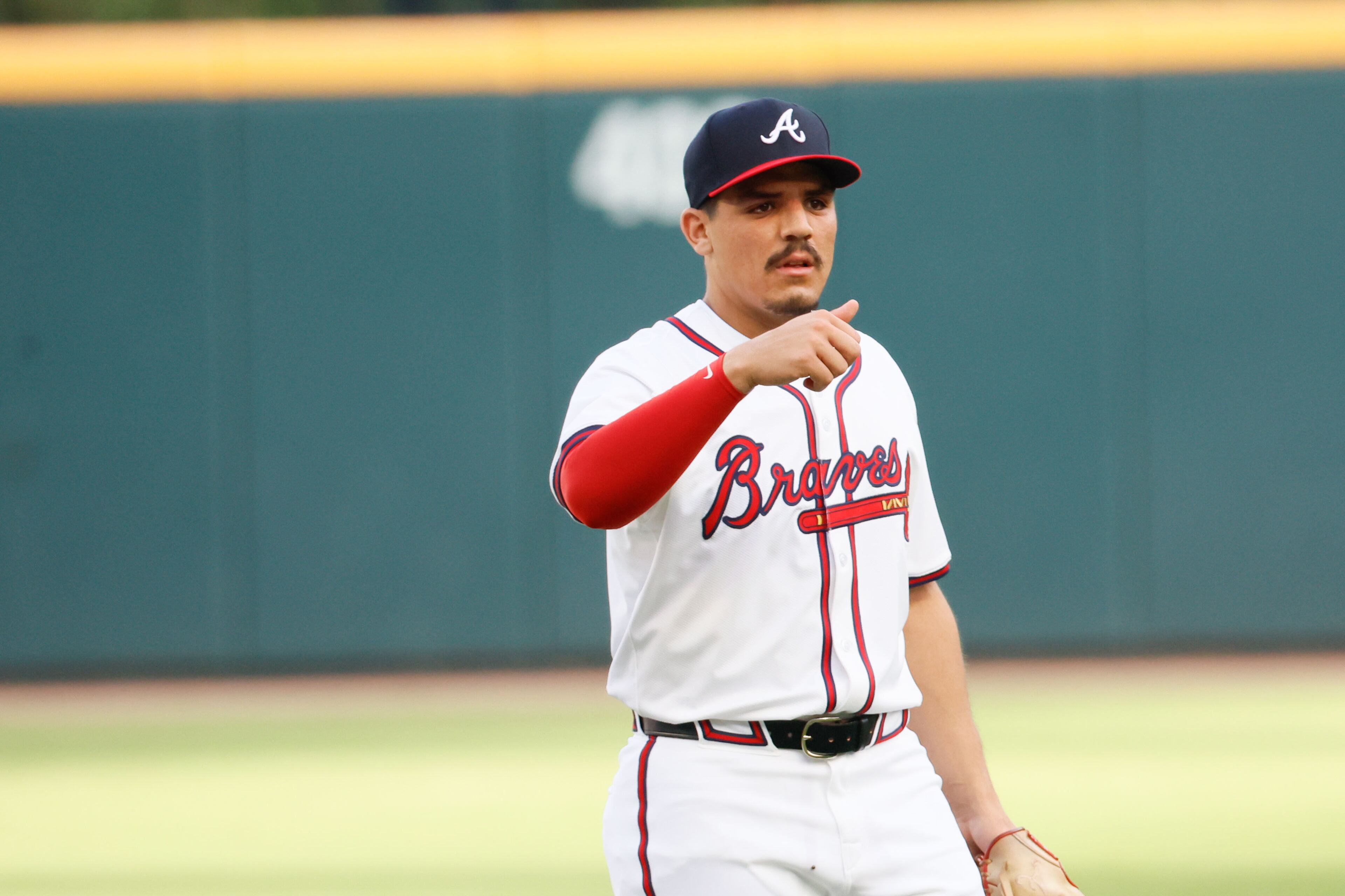 Infielder Nacho Alvarez Jr. gives the thumbs up as he gets ready for his MLB debut as the Braves start a series against the Cincinnati Reds at Truist Park on Monday, July 22, 2024
(Miguel Martinez/ AJC)