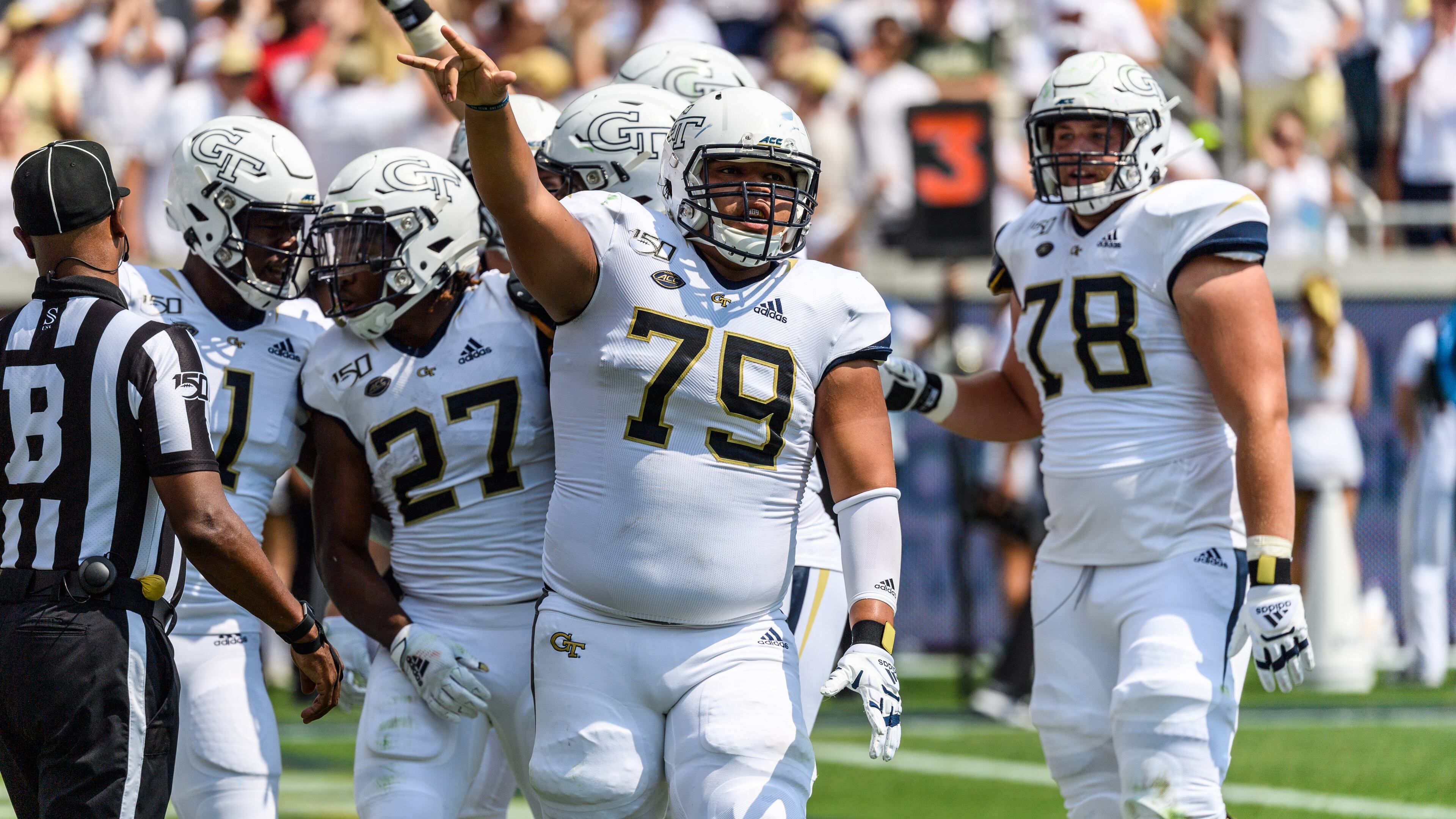 Georgia Tech center William Lay celebrates during the Yellow Jackets' 14-10 win over South Florida Sept. 7, 2019, at Bobby Dodd Stadium in Atlanta.