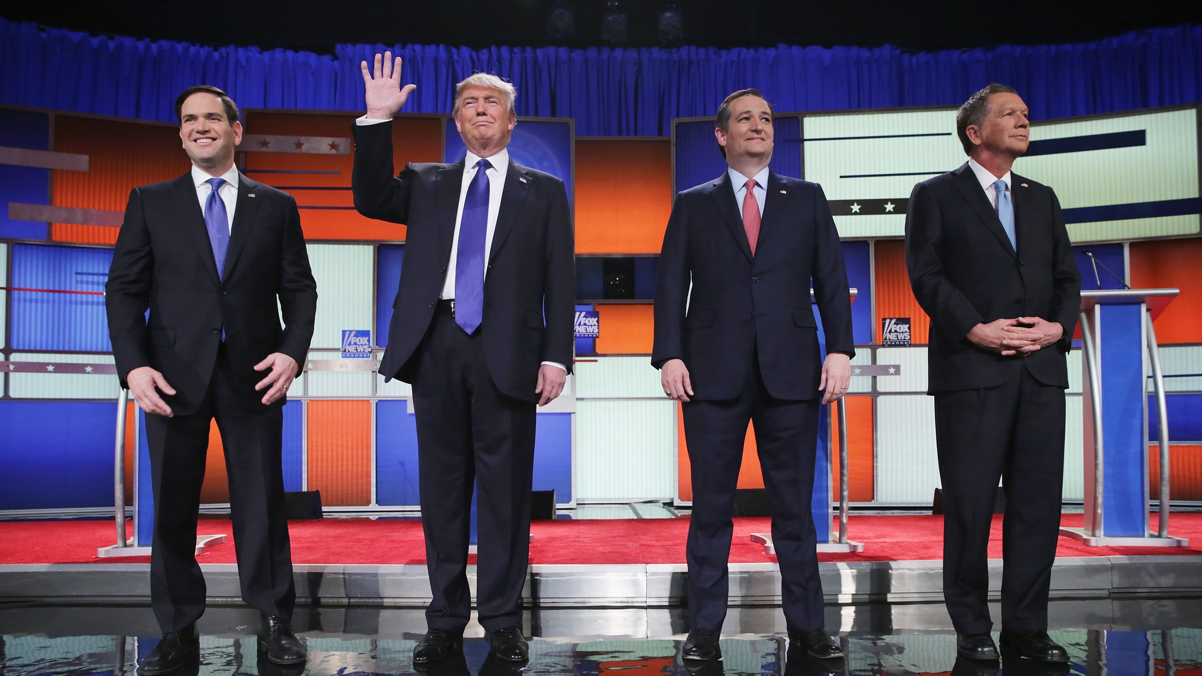 DETROIT, MI - MARCH 03: Republican presidential candidates Sen. Marco Rubio (R-FL), Donald Trump, Sen. Ted Cruz (R-TX), and Ohio Gov. John Kasich, participate in a debate sponsored by Fox News on March 3, 2016 in Detroit, Michigan. Voters in Michigan will go to the polls on March 8 to vote for their partys presidential nominee. (Photo by Chip Somodevilla/Getty Images)