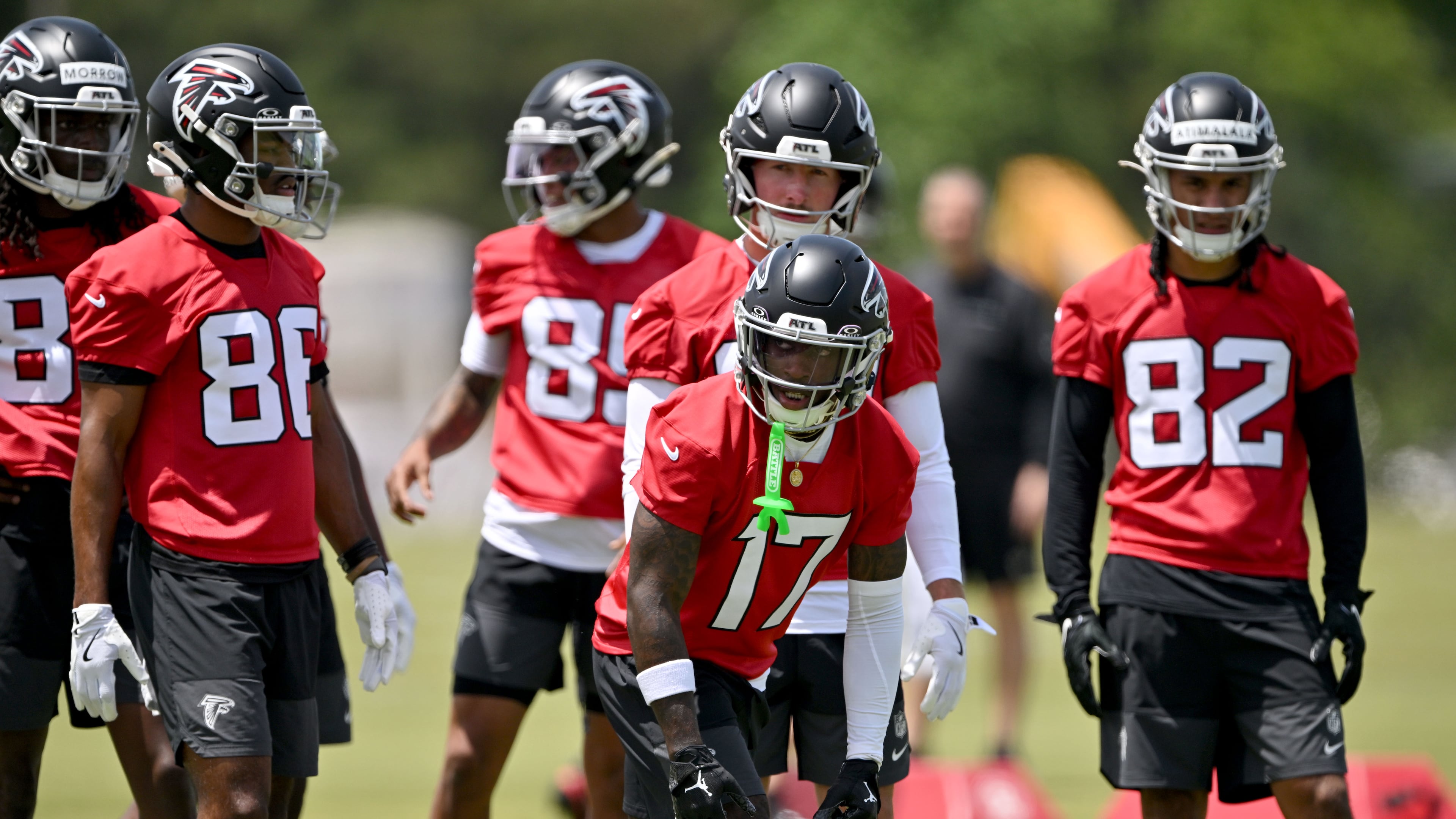 Atlanta Falcons rookie wide receiver Zachariah Branch (center) runs a drill during the Falcons’ rookie minicamp at the team’s training facility on Friday, May 8, 2026, in Flowery Branch. (Hyosub Shin/AJC)