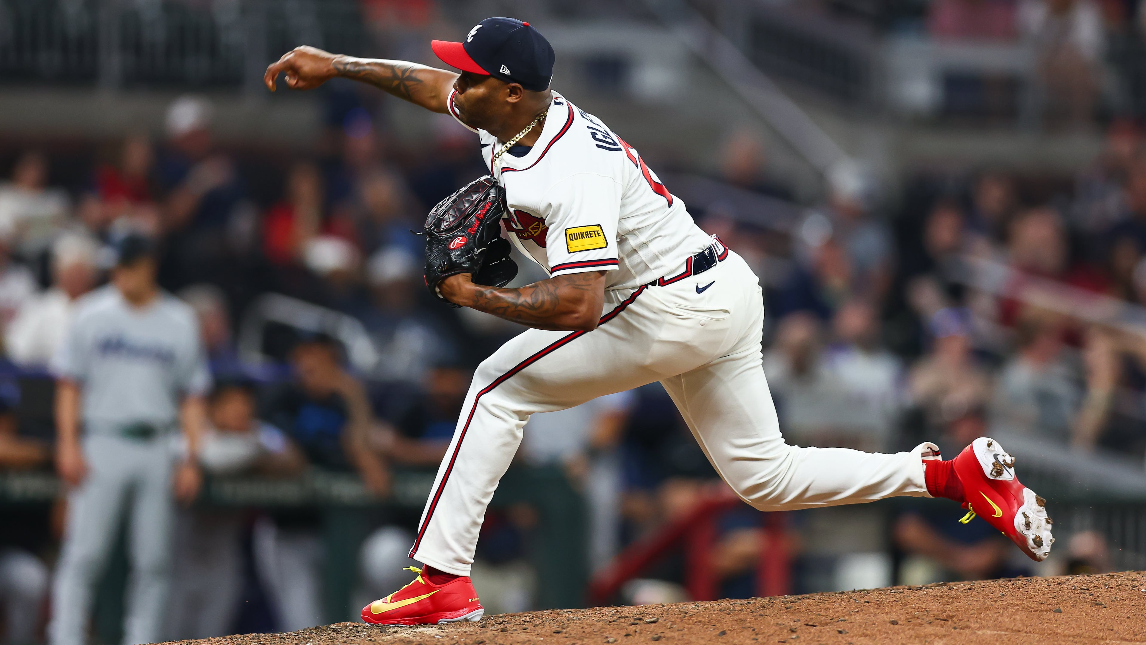 Closer Raisel Iglesias delivers a pitch in the ninth inning against the Marlins on April 14, 2026. (Colin Hubbard/AP)