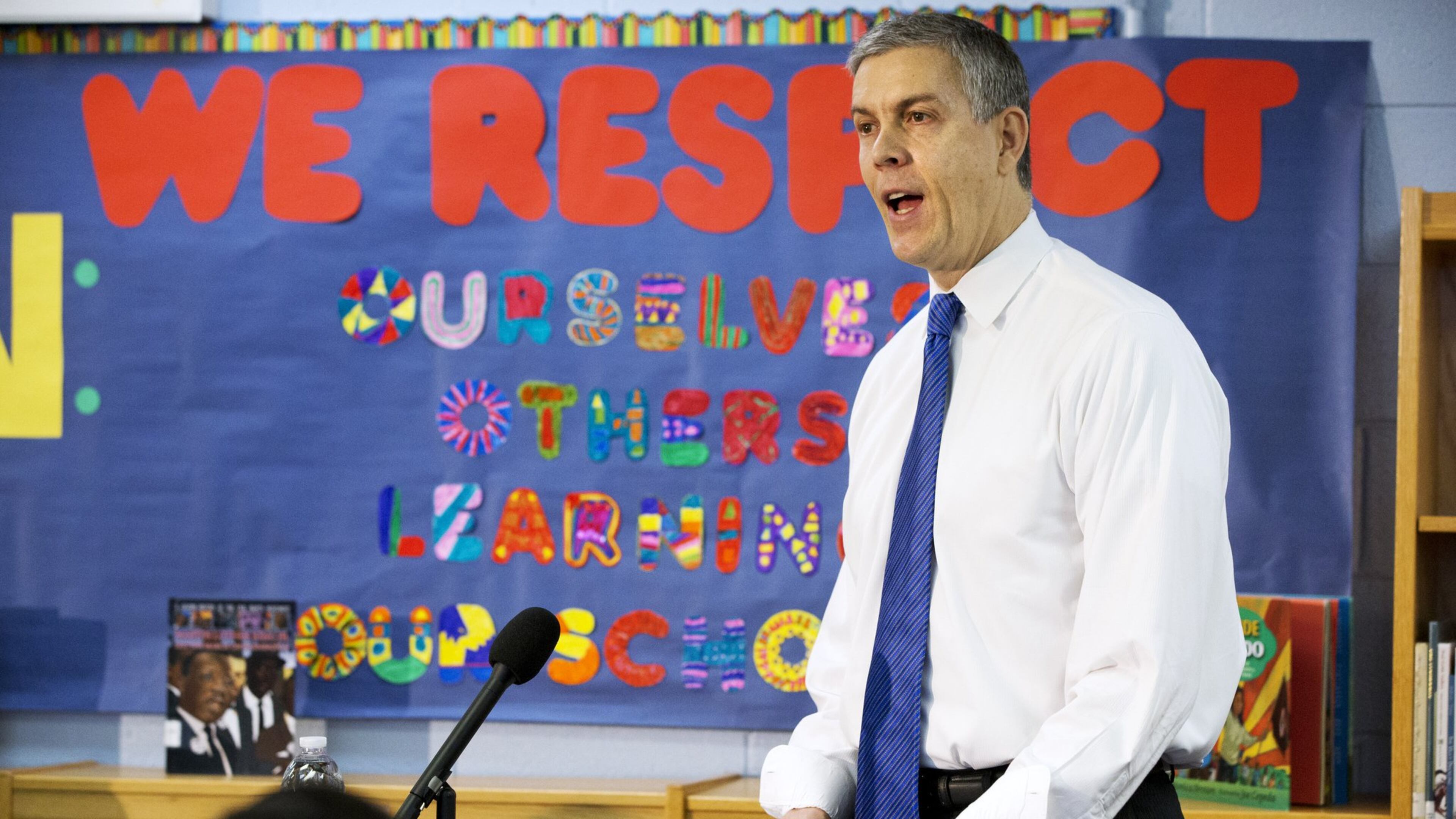 Arne Duncan speaks at Seaton Elementary in Washington, D.C., on Jan. 12, 2015, while he was the U.S. secretary of education. JACQUELYN MARTIN / AP