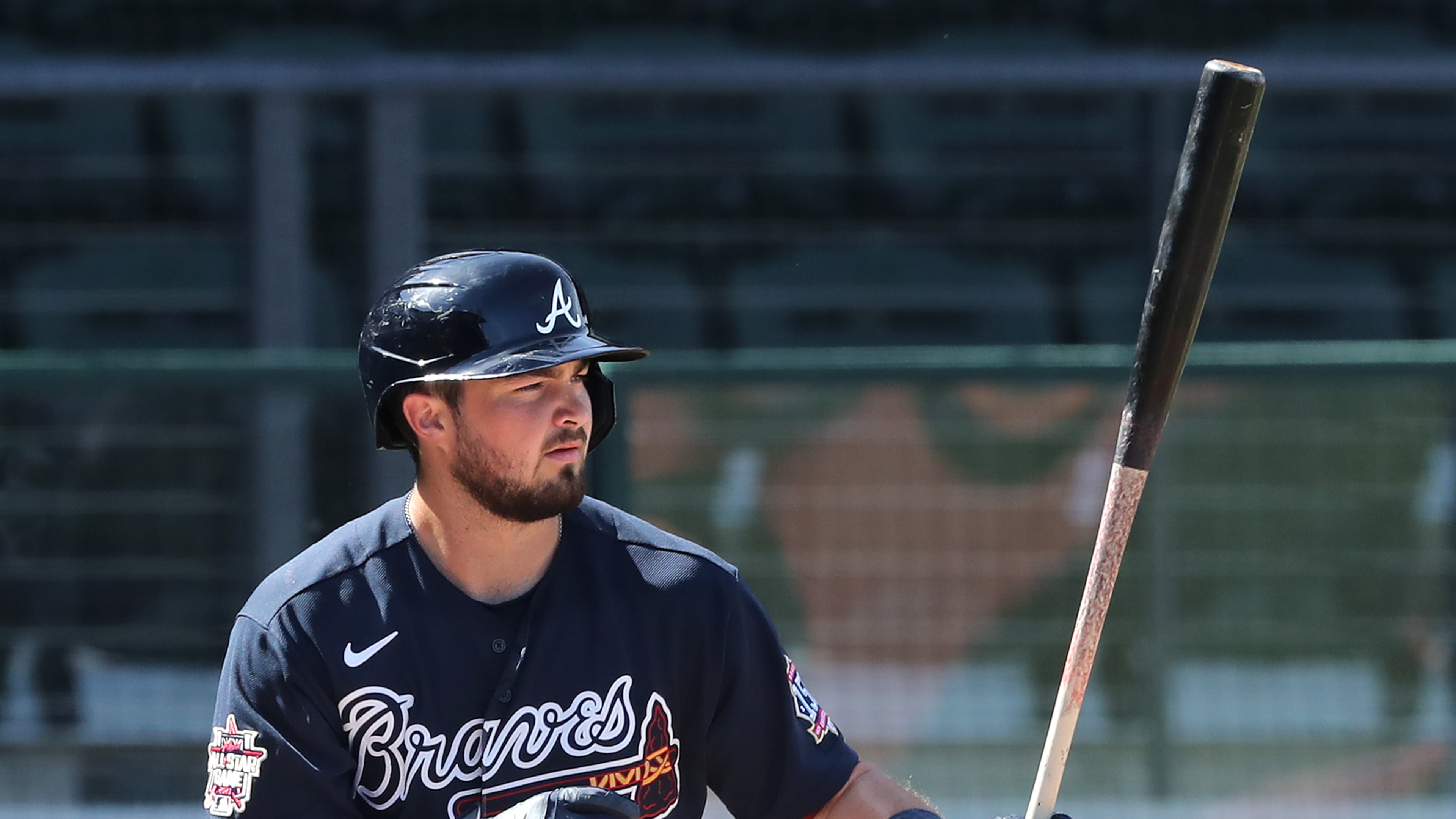 Braves catcher Shea Langeliers bats against the Minnesota Twins during a spring training game on March 2, 2021. Curtis Compton / Curtis.Compton@ajc.com”