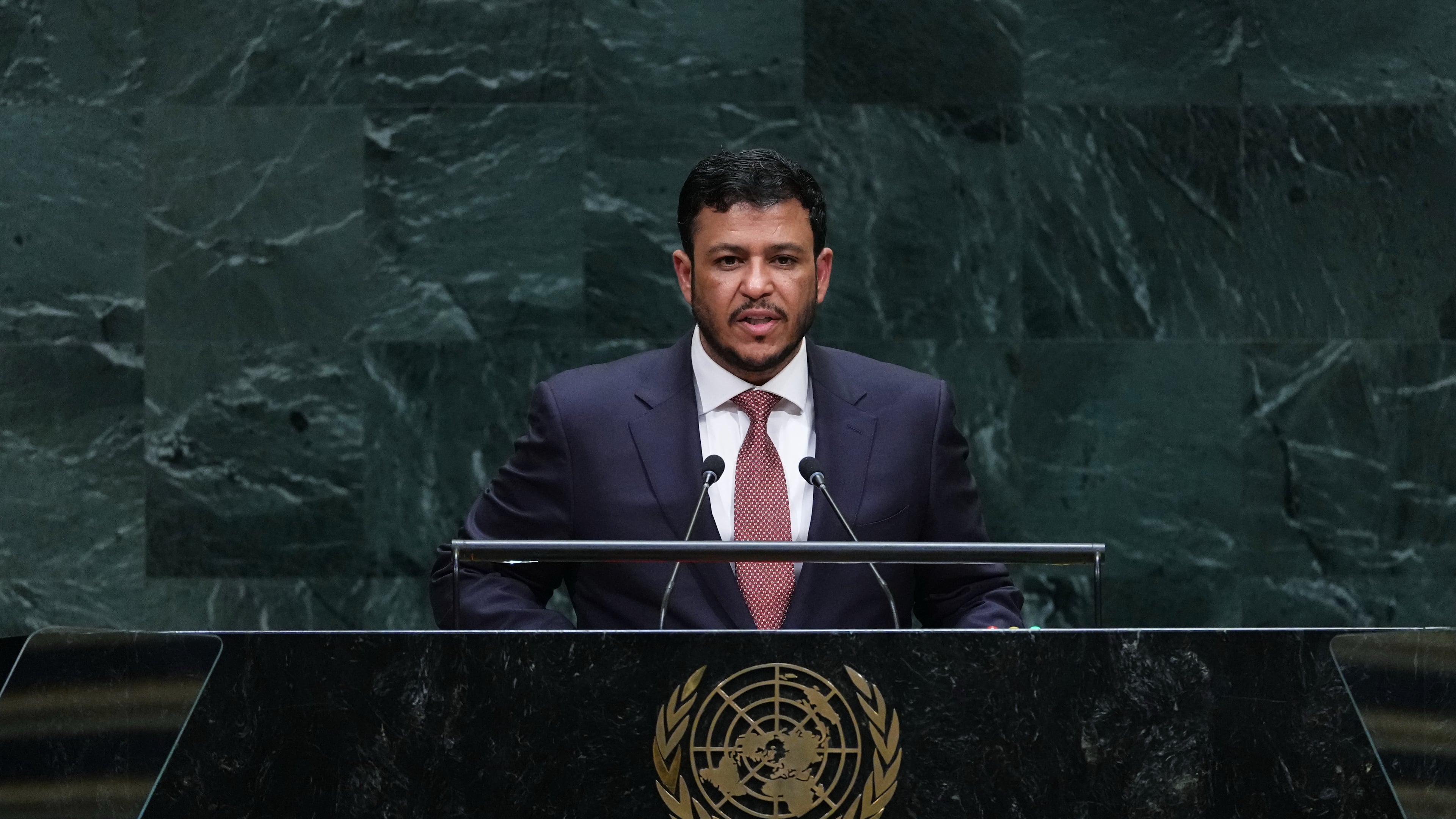 Yemen Vice President Abdullah Abdulkader Al Alimi-Bawzer addresses the 81st session of the United Nations General Assembly at U.N. headquarters Thursday, Sept. 24, 2026. (AP Photo/Frank Franklin II)