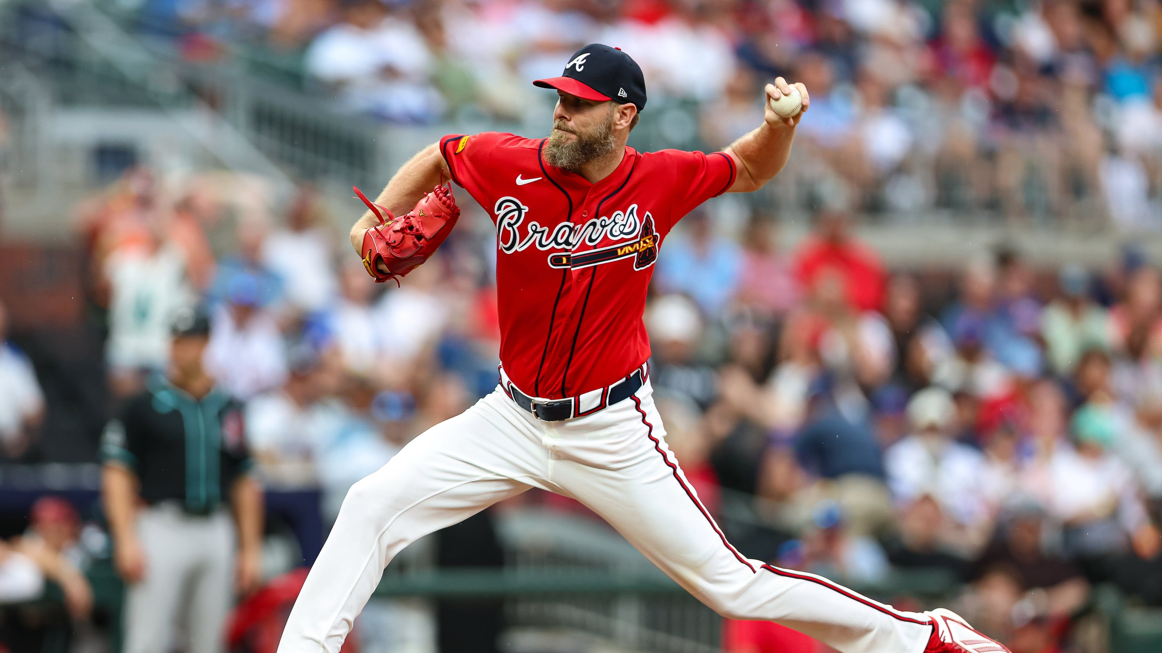 Atlanta Braves pitcher Chris Sale delivers in the first inning of a baseball game against the Arizona Diamondbacks, Friday, Aug. 14, 2026, in Atlanta. (Colin Hubbard/AP)