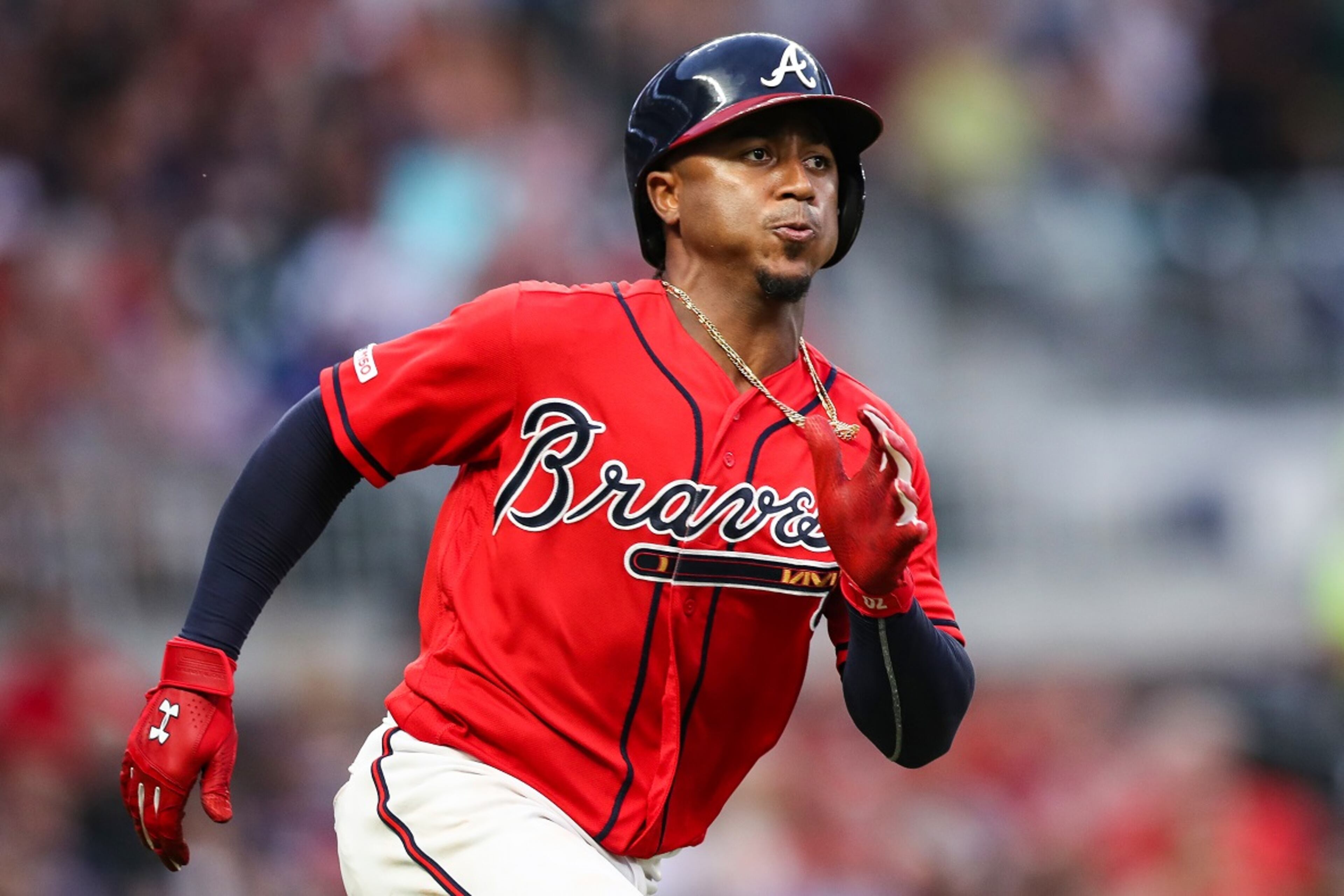 ATLANTA, GA - JULY 19: Ozzie Albies #1 of the Atlanta Braves doubles in the fourth inning during the game against the Washington Nationals at SunTrust Park on July 19, 2019 in Atlanta, Georgia. (Photo by Carmen Mandato/Getty Images)