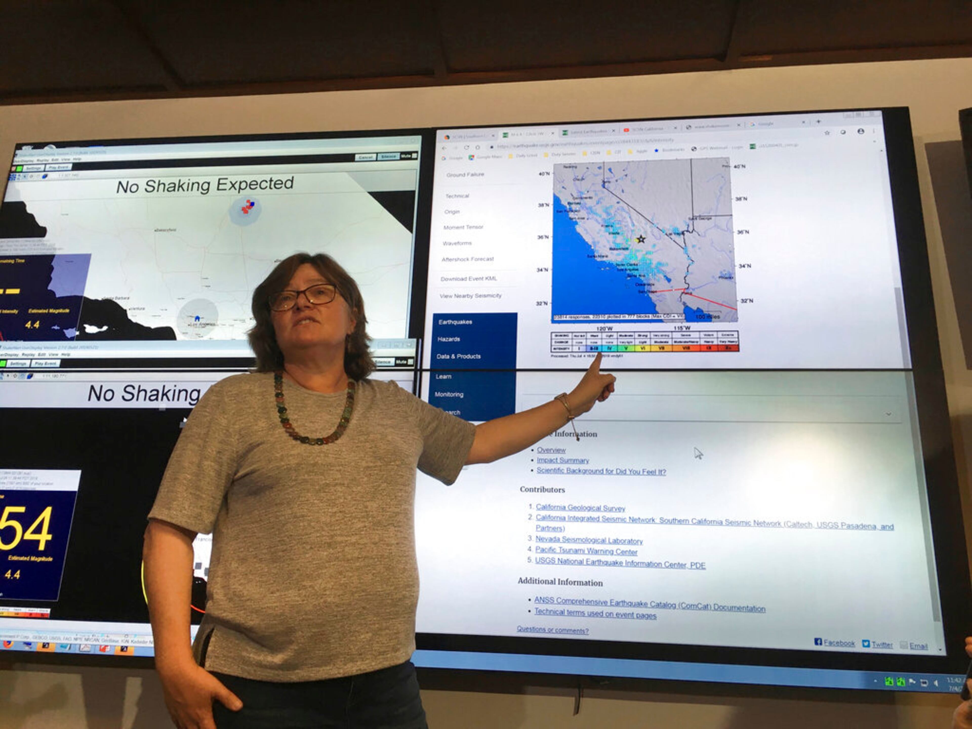 Seismologist Lucy Jones talks during a news conference at the Caltech Seismological Laboratory in Pasadena, Calif., on Thursday, July 4, 2019. A strong earthquake rattled a large swath of Southern California and parts of Nevada on Thursday morning, making hanging lamps sway and photo frames on walls shake. There were no immediate reports of damage or injuries but a swarm of aftershocks were reported.