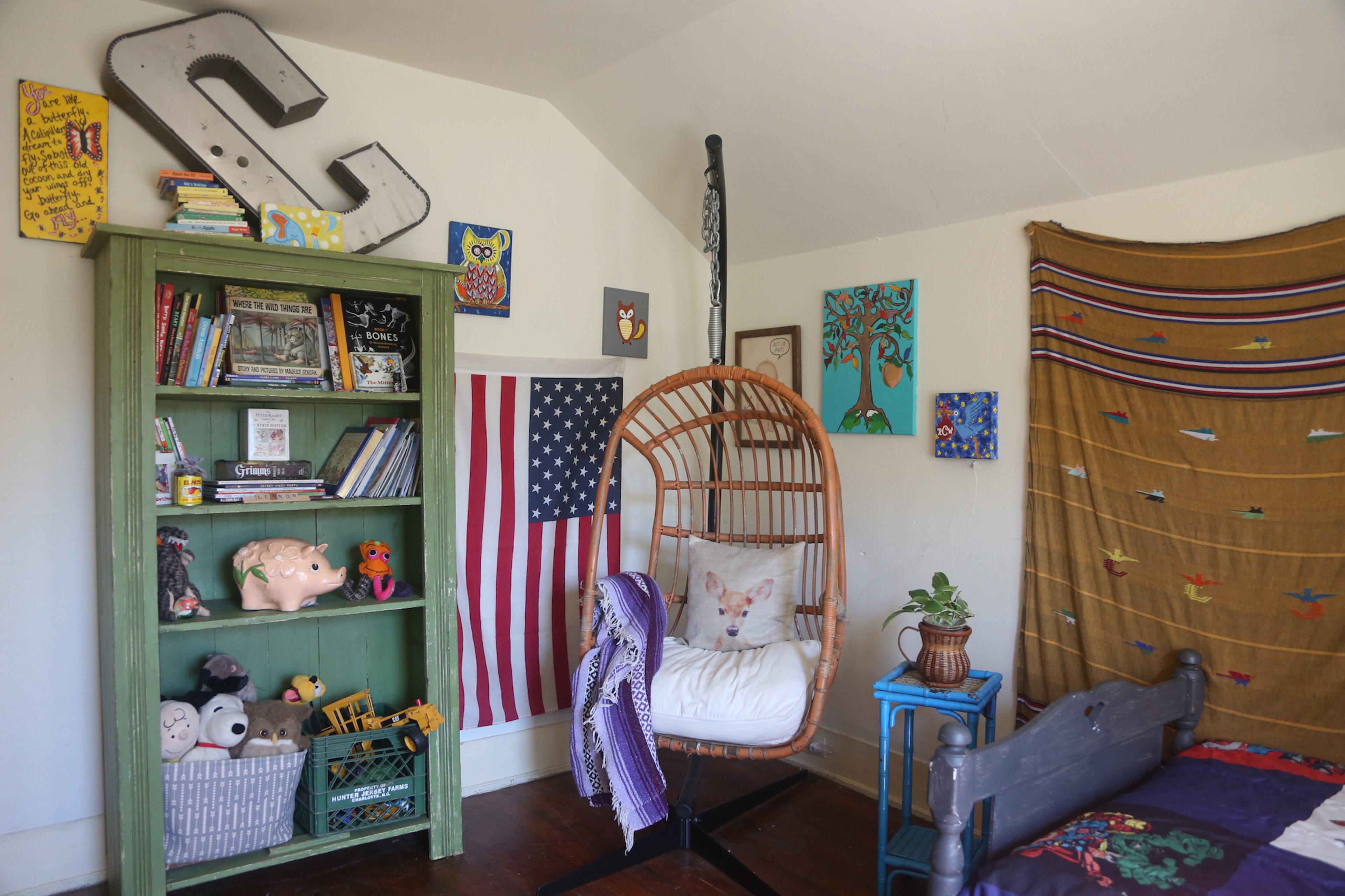 Some items in the home were swapped with friends, such as the swing chair. The homeowner said she traded carpet for it. Now it's in the kids' bedroom.
