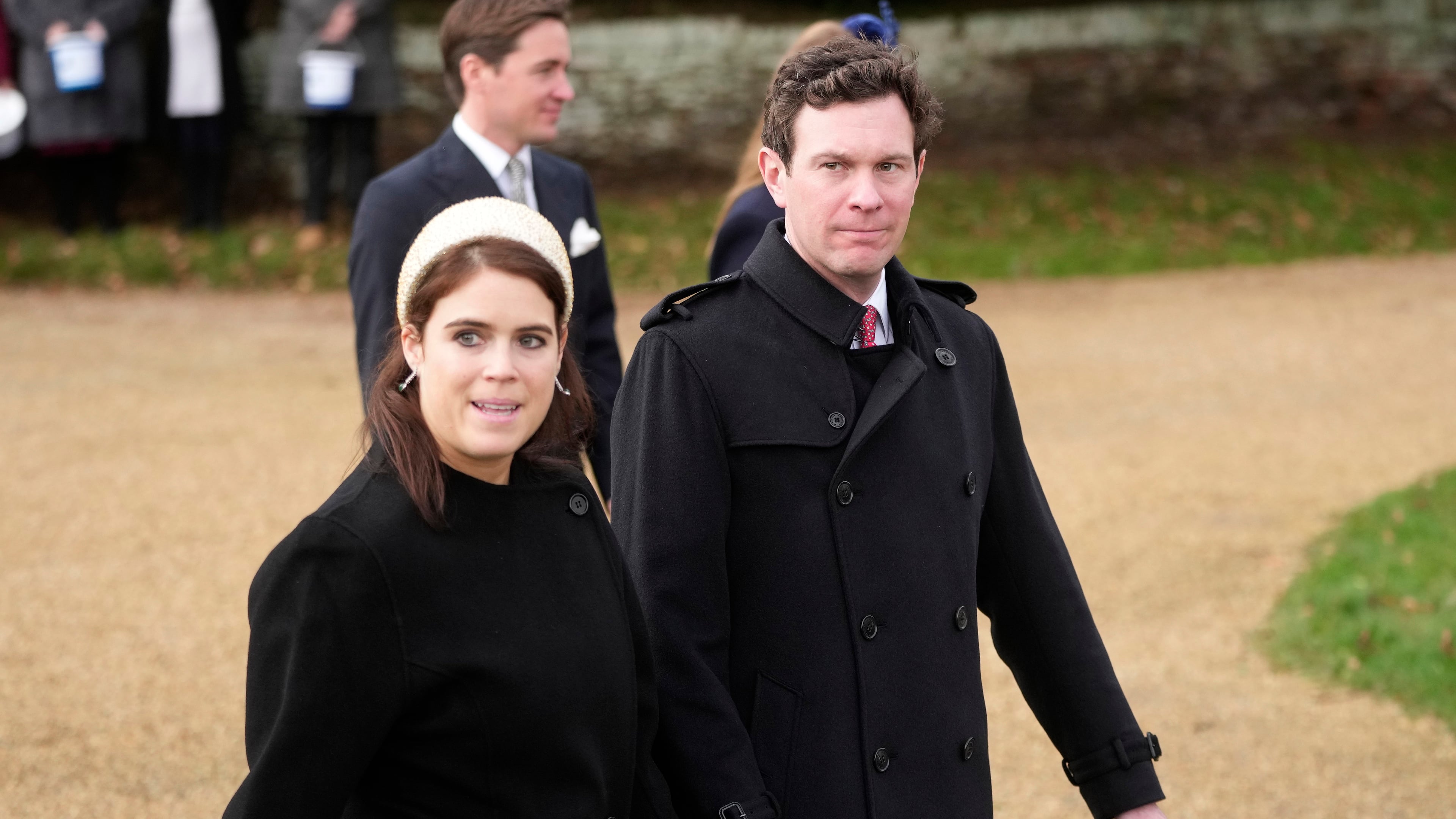 FILE - Britain's Princess Eugenie and husband Jack Brooksbank leave after attending the Christmas day service at St Mary Magdalene Church in Sandringham in Norfolk, England, Dec. 25, 2023.(AP Photo/Kin Cheung, File)