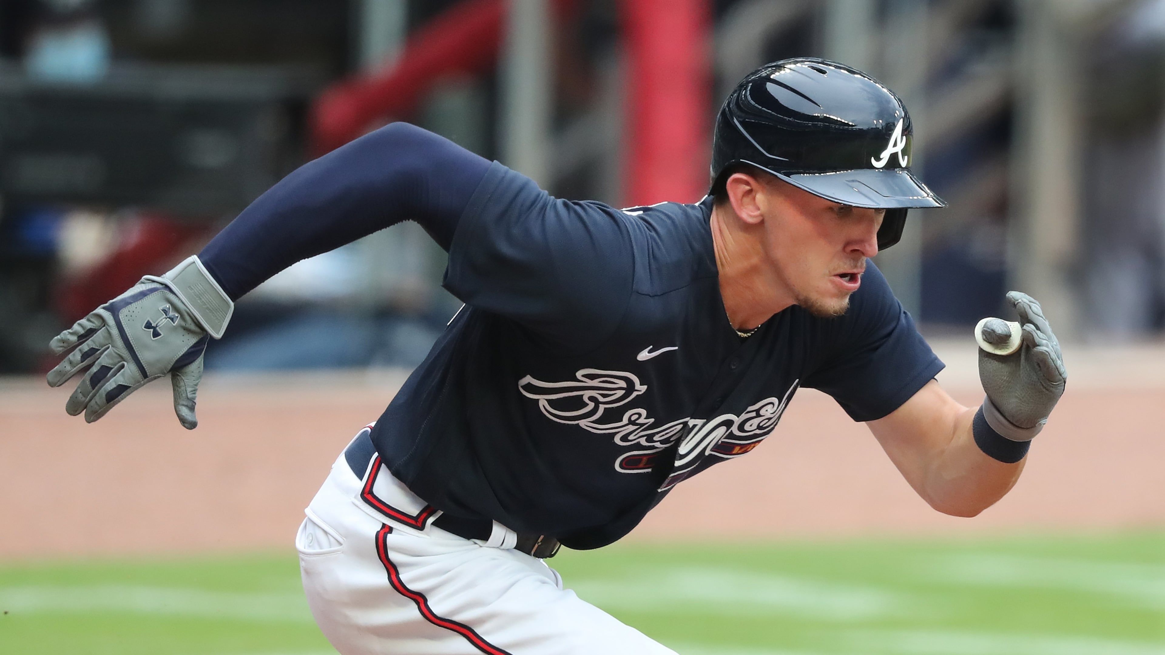 Braves outfielder Drew Waters tries to beat out his ground ball in an exhibition game on Wednesday, July 22, 2020 in Atlanta. Curtis Compton ccompton@ajc.com