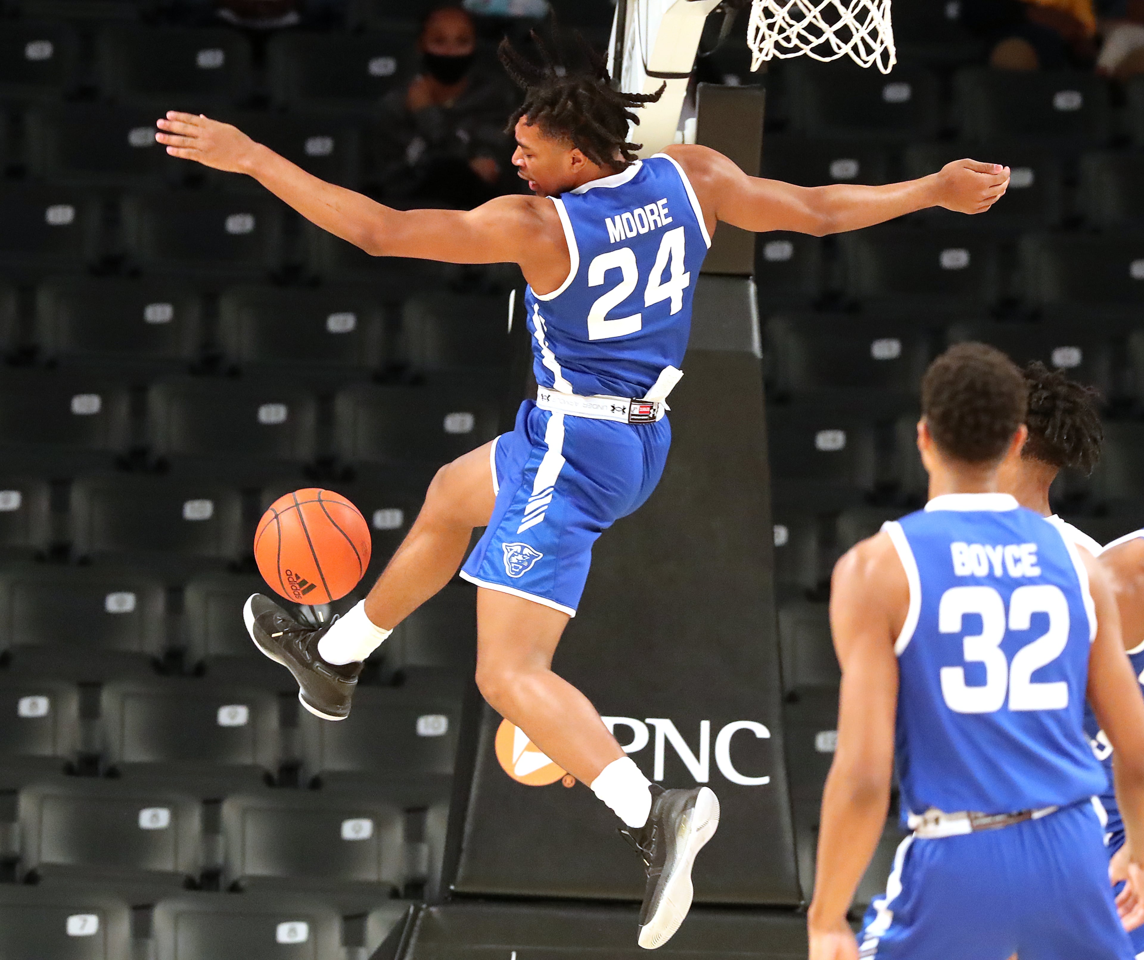 Georgia State guard Collin Moore slams for two against Georgia Tech in a NCAA college basketball game in Atlanta on Wednesday, Nov 25, 2020, in Atlanta. “Curtis Compton / Curtis.Compton@ajc.com”