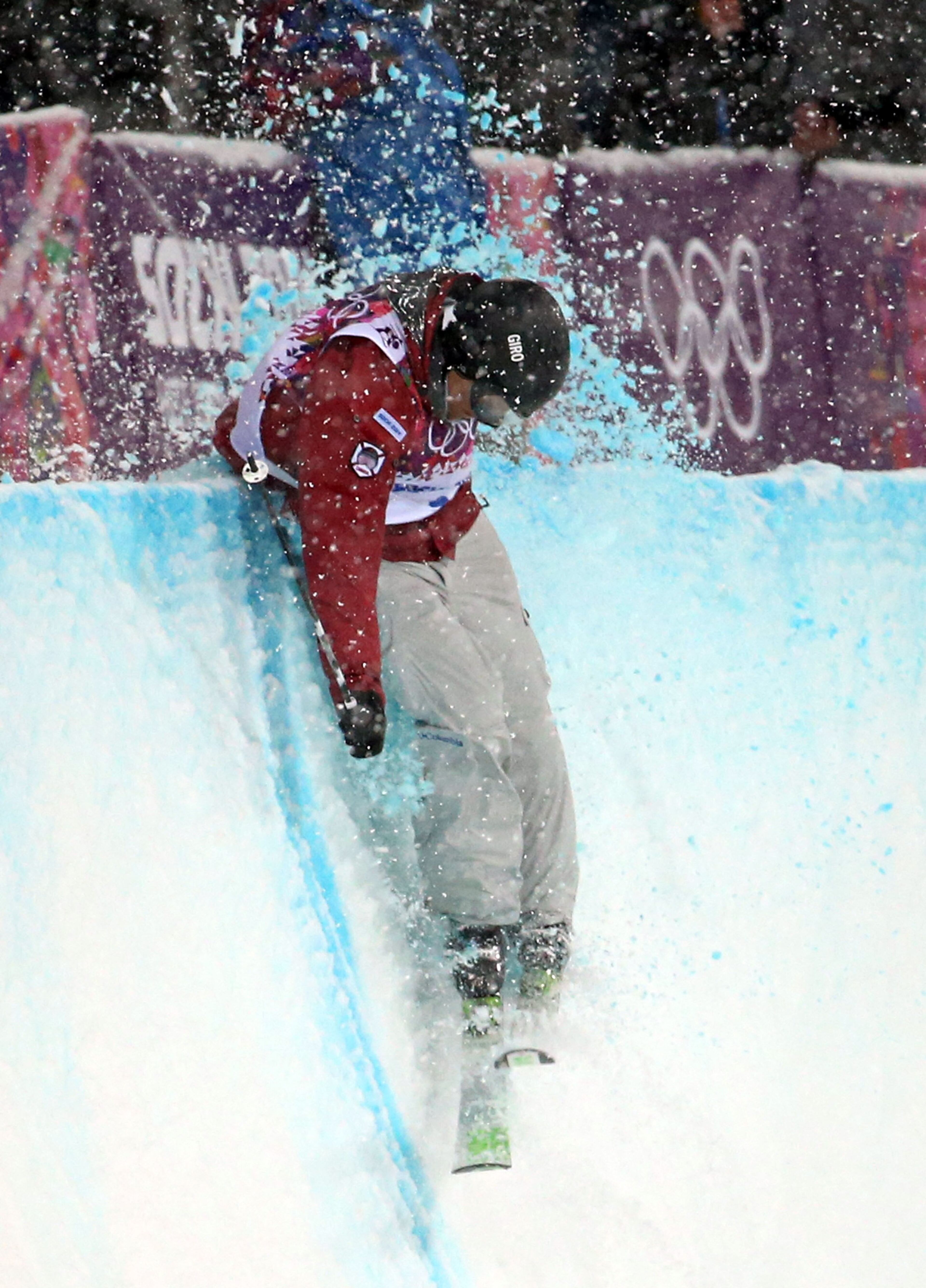 Justin Dorey of Canada hits an edge in the finals of the men's ski halfpipe at Rosa Khutor Extreme Park during the Winter Olympics in Sochi, Russia, Tuesday, Feb. 18, 2014. (Brian Cassella/Chicago Tribune/MCT)