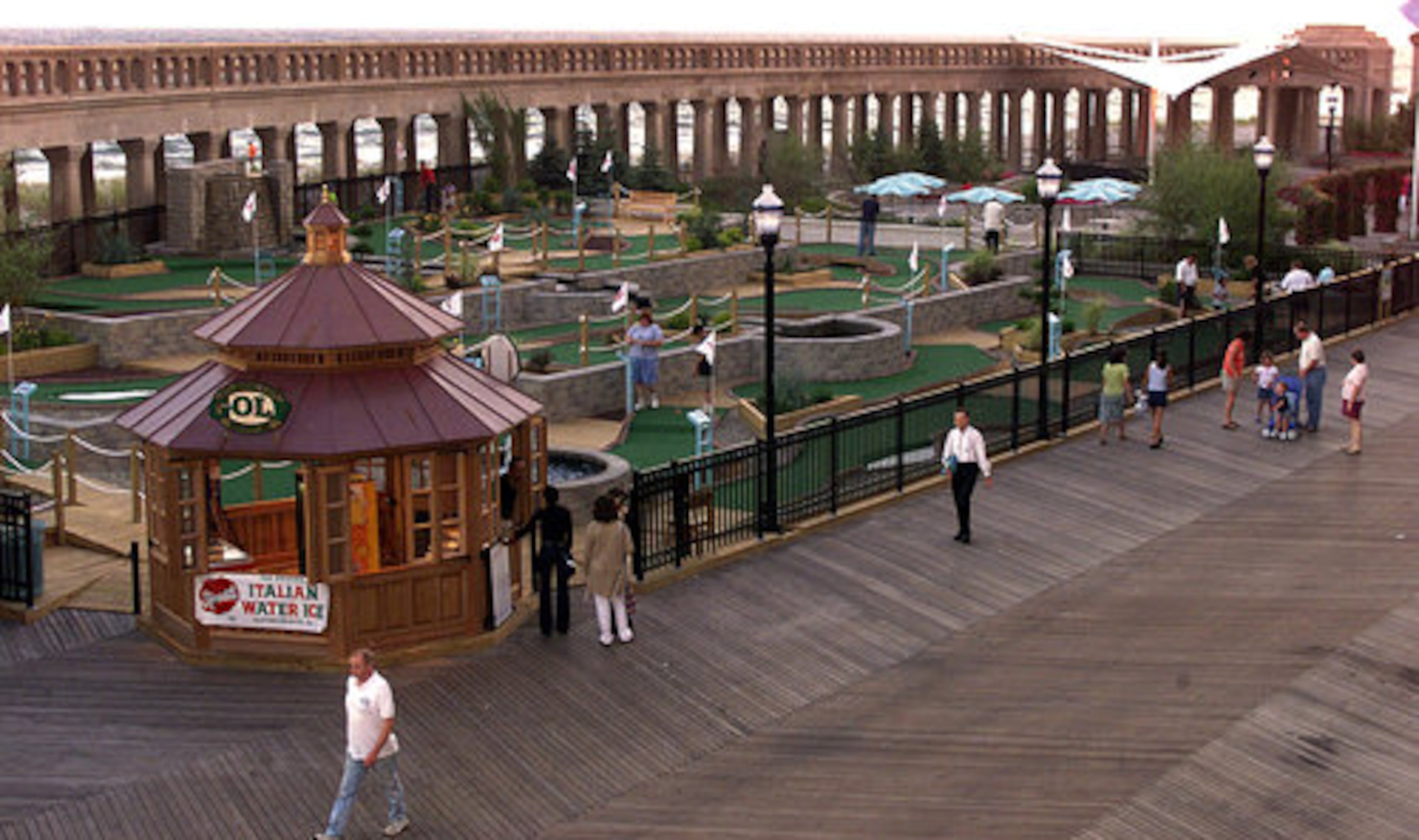 Tourists can enjoy a round of miniature golf at Atlantic City Miniature Golf, an 18-hole course on the world-famous boardwalk in Atlantic City, N.J.