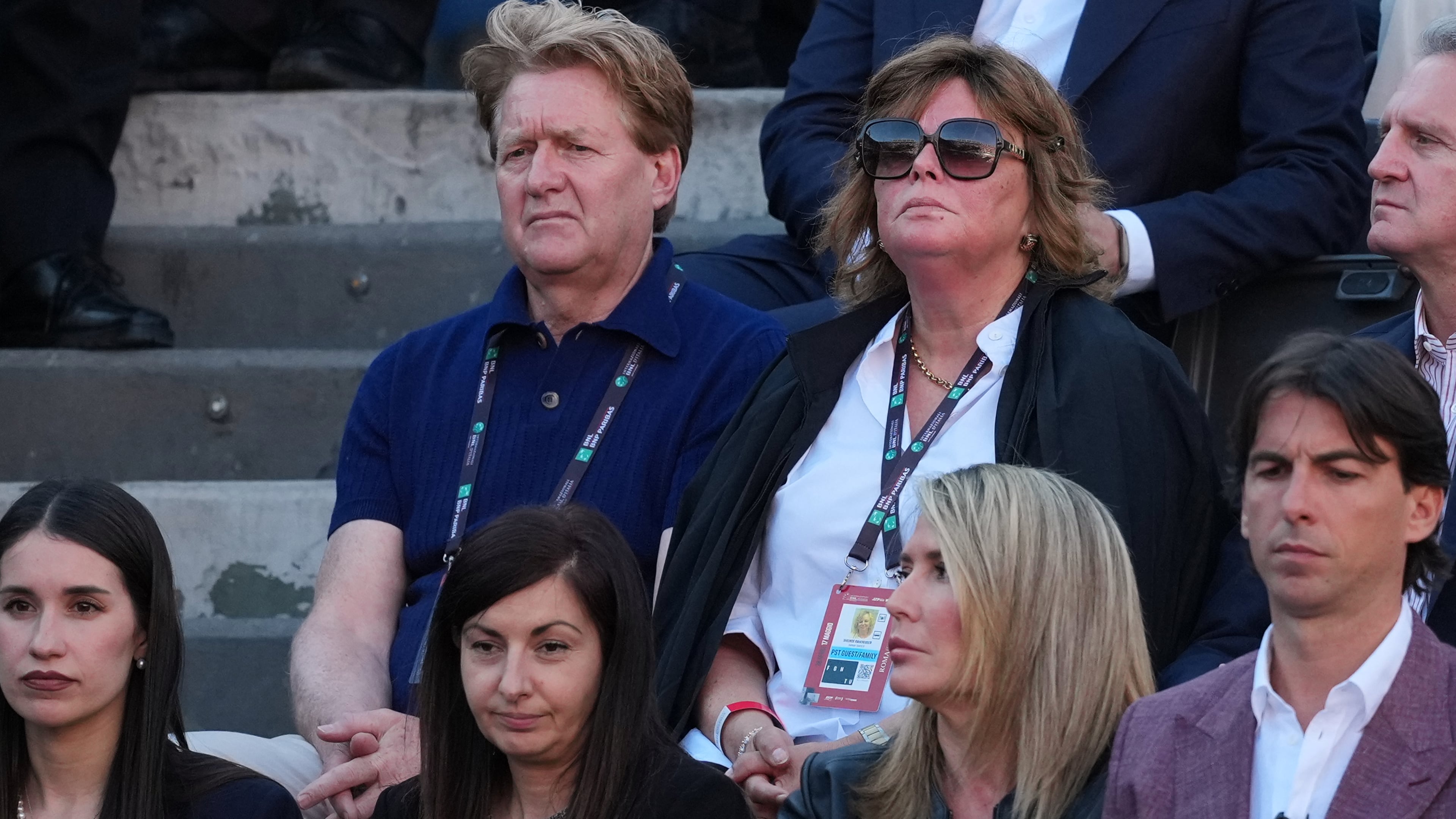 FILE - Johann, left, and Siglind Sinner, the parents of Jannik Sinner, of Italy, watch his final match against Casper Ruud, of Norway, at the Italian Open tennis tournament, in Rome, May 17, 2026. (AP Photo/Andrew Medichini, File)