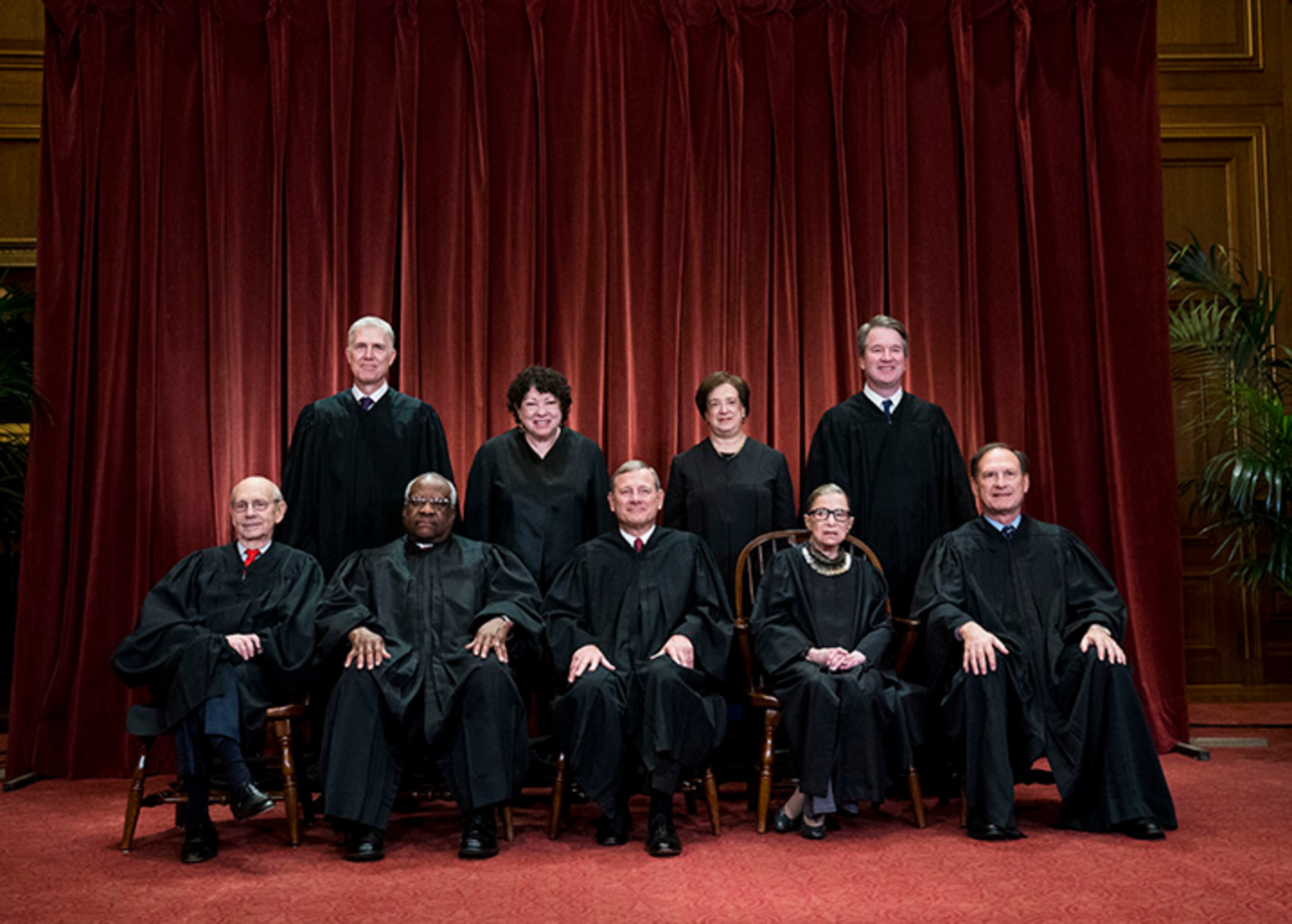 The justices of the U.S. Supreme Court on Nov. 30, 2018. Front row, from left: Associate Justice Stephen Breyer, Associate Justice Clarence Thomas, Chief Justice John Roberts, Associate Justice Ruth Bader Ginsburg and Associate Justice Samuel Alito. Back row, from left: Associate Justice Neil Gorsuch, Associate Justice Sonia Sotomayor, Associate Justice Elena Kagan and Associate Justice Brett Kavanaugh.