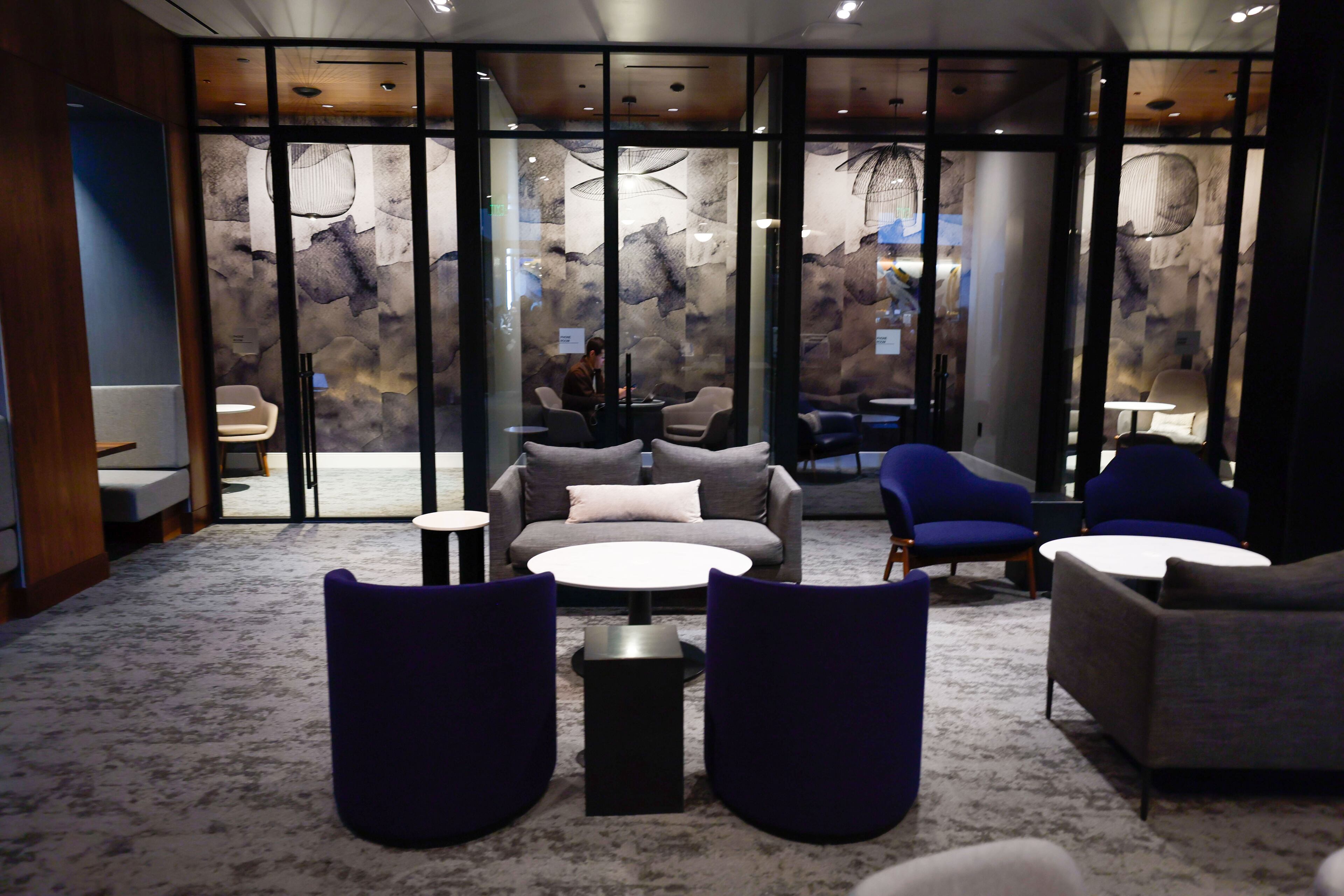 For those seeking to get work done at the Centurion Lounge at Hartsfield-Jackson International Airport, there are side rooms with work stations, booths, a conference table and private rooms to take phone calls.
Miguel Martinez /miguel.martinezjimenez@ajc.com