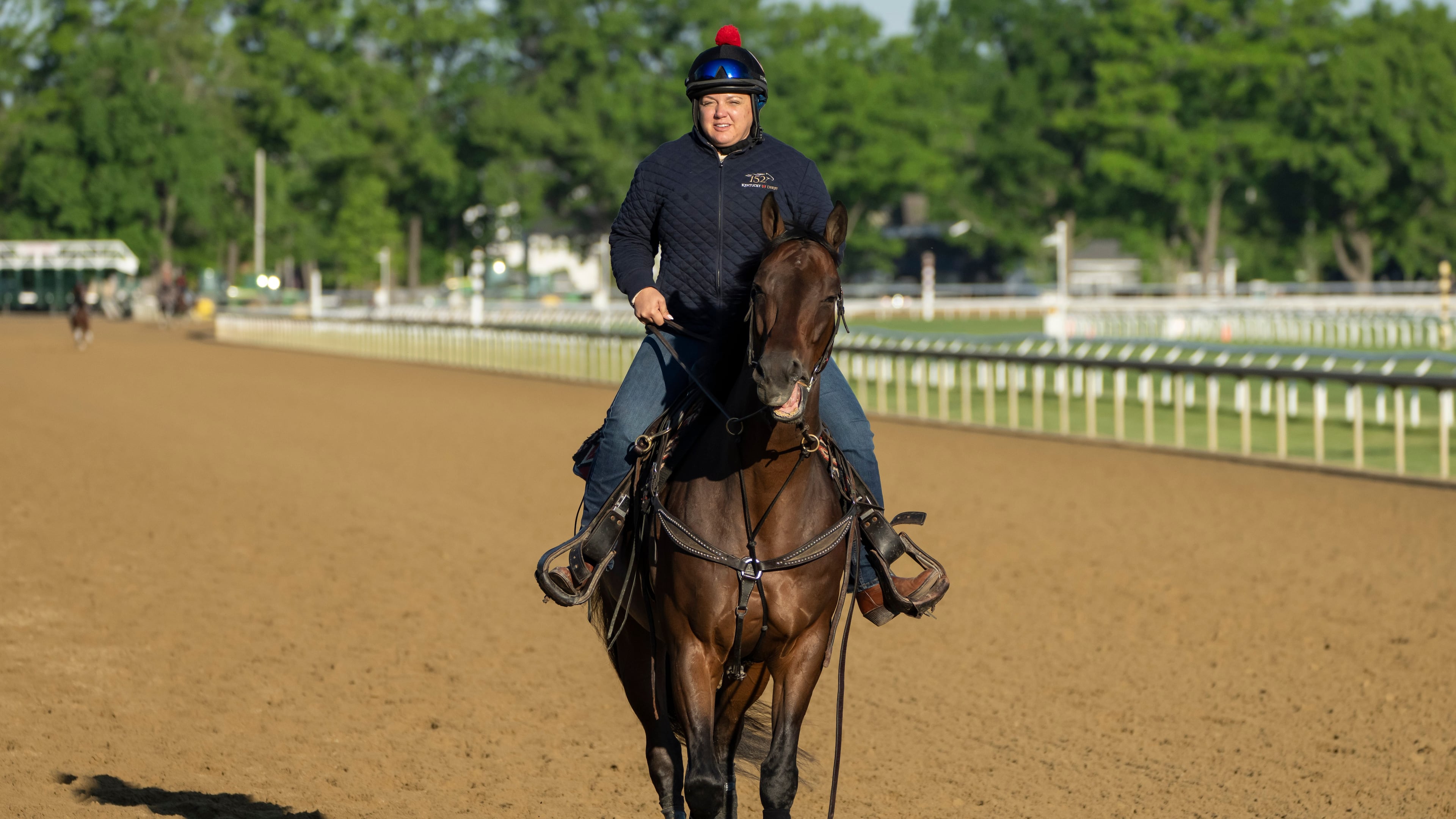 Cherie DeVaux, trainer of Kentucky Derby winner and Belmont Stakes entrant Golden Tempo, rides on a horse ahead of the 158th running of the Belmont Stakes horse race at Saratoga Race Course, Thursday, June 4, 2026, in Saratoga Springs, N.Y. (AP Photo/Yuki Iwamura)
