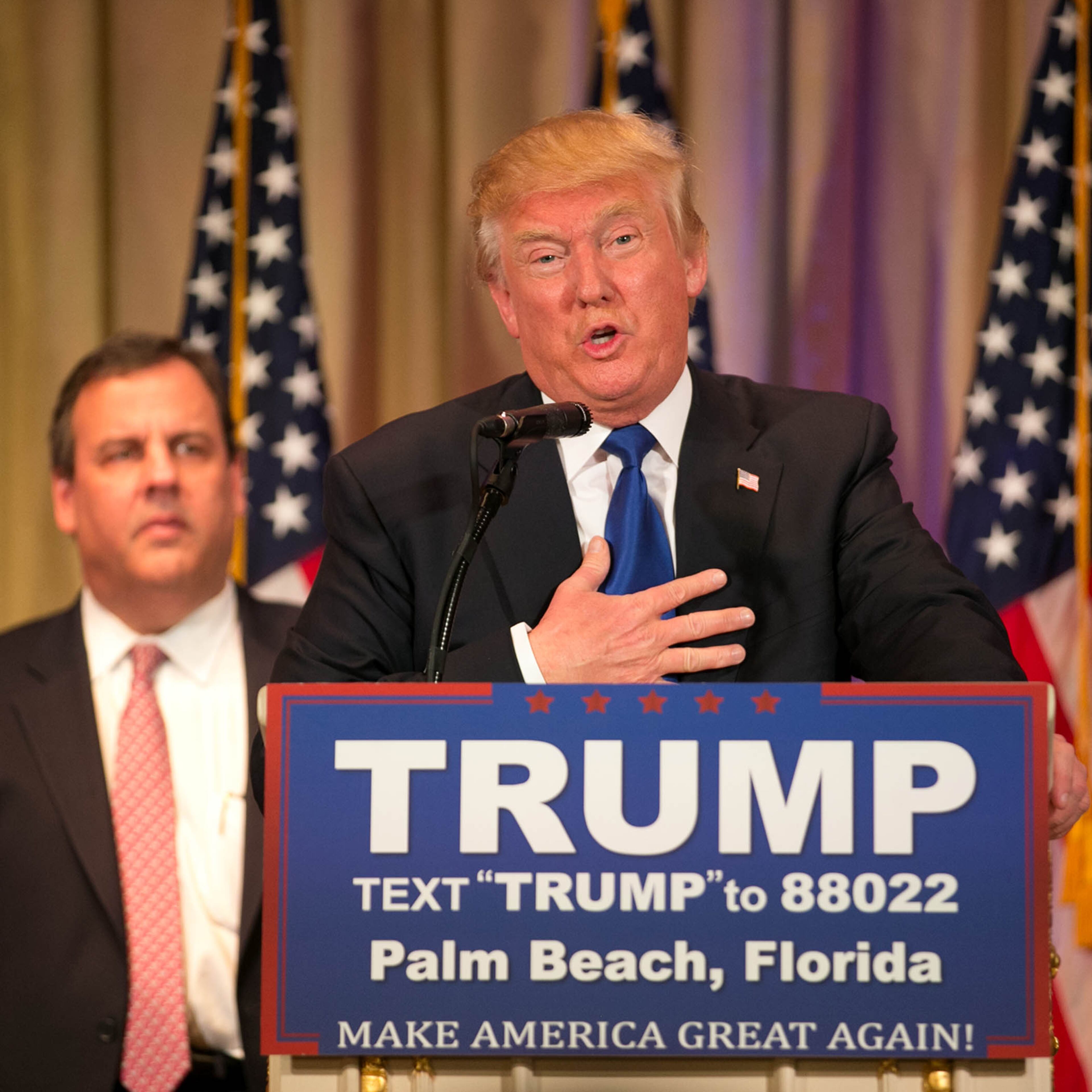 Donald J. Trump speaks at Super Tuesday Press Conference at Mar-A-Lago in Palm Beach, Florida on March 1, 2016. (Allen Eyestone / The Palm Beach Post)