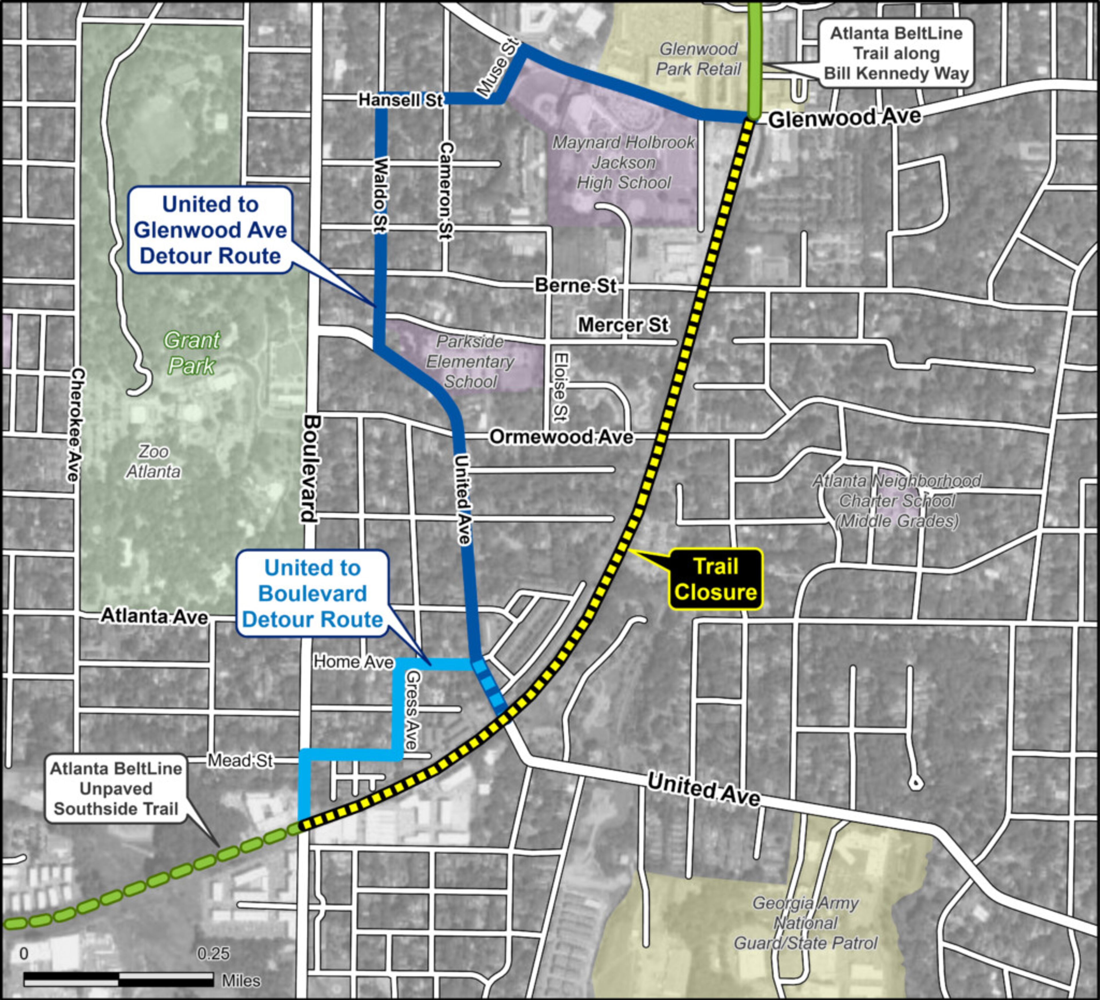 One of four suggested detour routes for Atlanta Beltline trail users while a section of the Southside Trail is closed for construction.