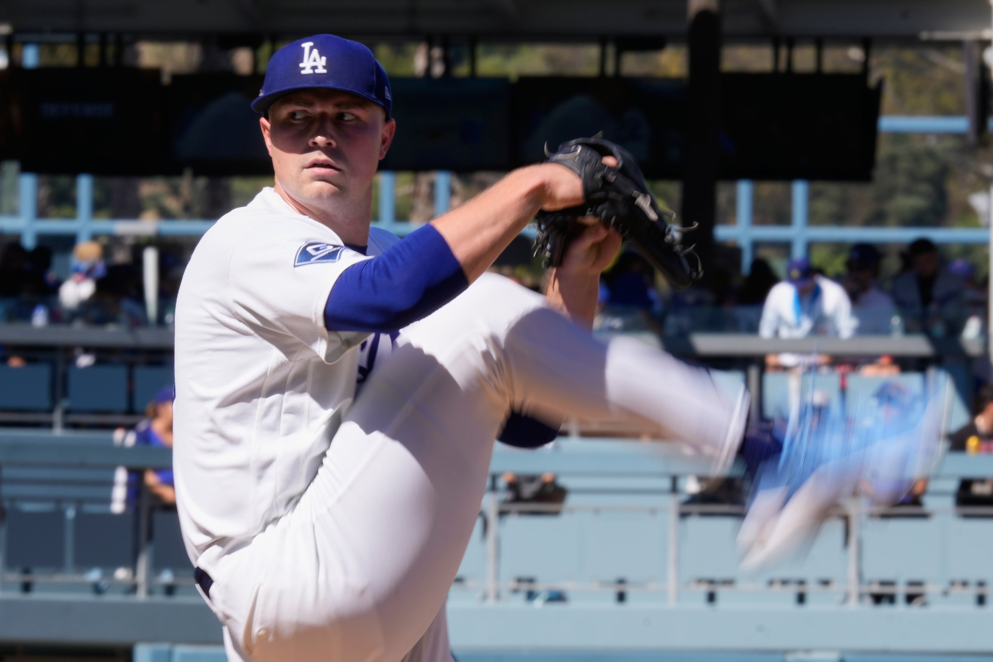 Los Angeles Dodgers starting pitcher Tarik Skubal works against an Atlanta Braves batter during the first inning of Game 1 of a National League Division Series baseball game Saturday, Oct. 3, 2026, in Los Angeles. (Mark J. Terrill/AP)